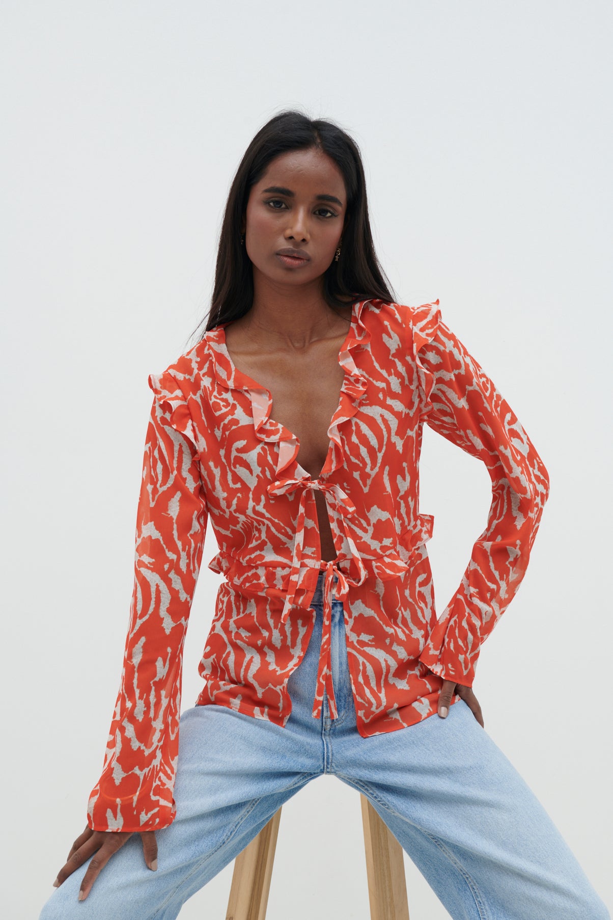 Tomlin V Neck Ruffle Tie Blouse - Zebra Orange, 14