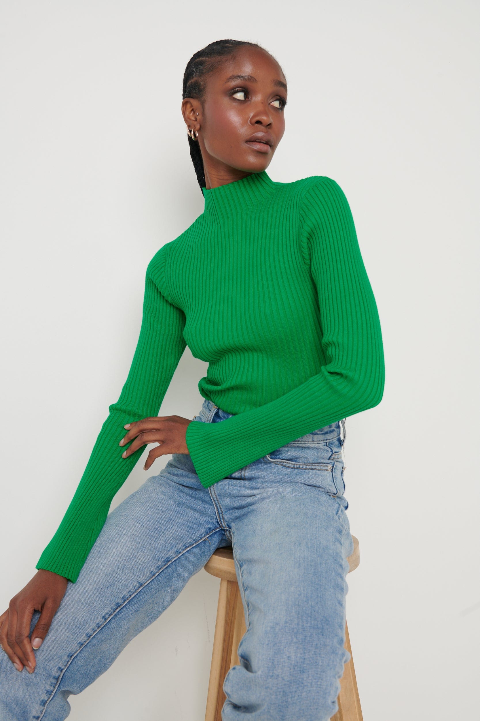 Abbey Ribbed Grown Neck Top - Bright Green, M