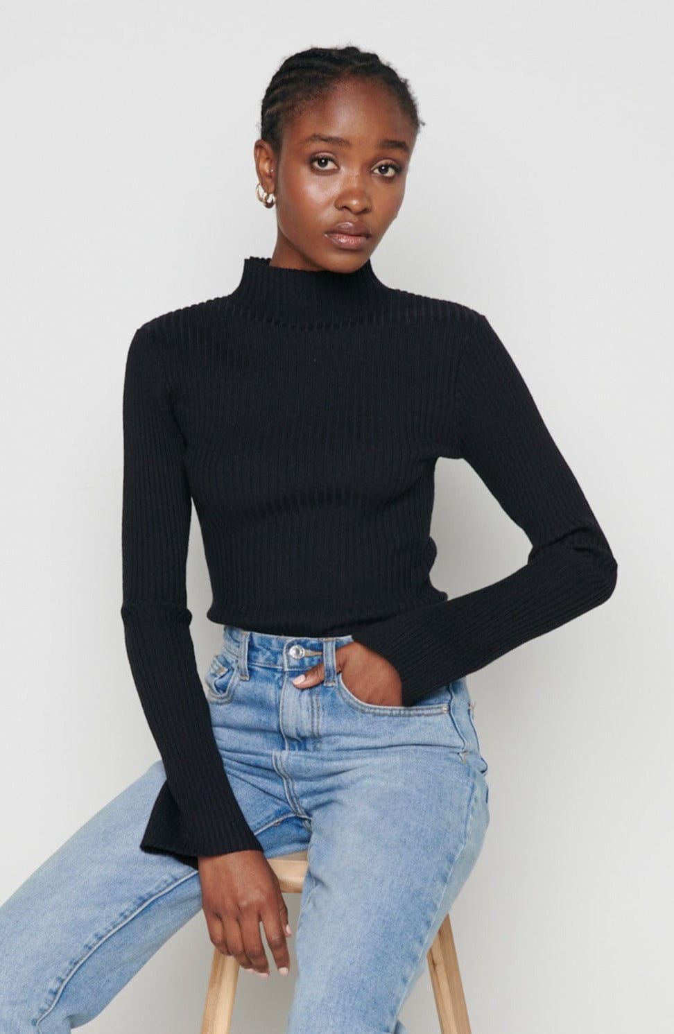 Abbey Ribbed Grown Neck Top - Black, L