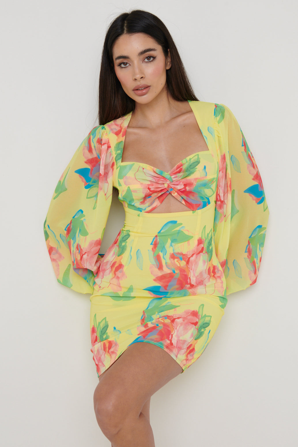 Anais Cut Out Mini Dress - Lemon Abstract Floral, 8