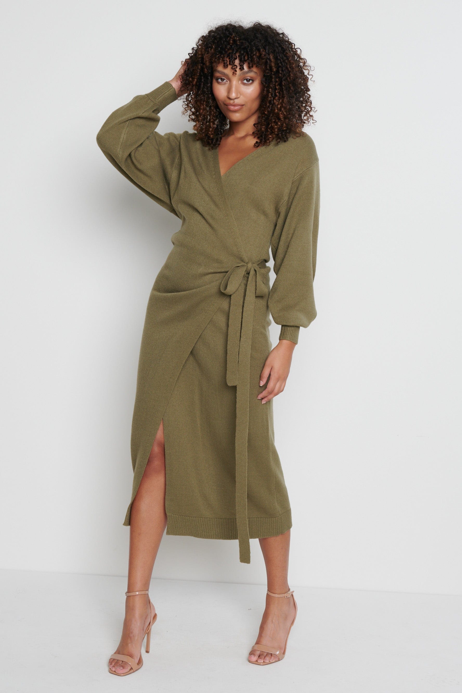 Beau Wrap Midi Dress - Olive Green, XS