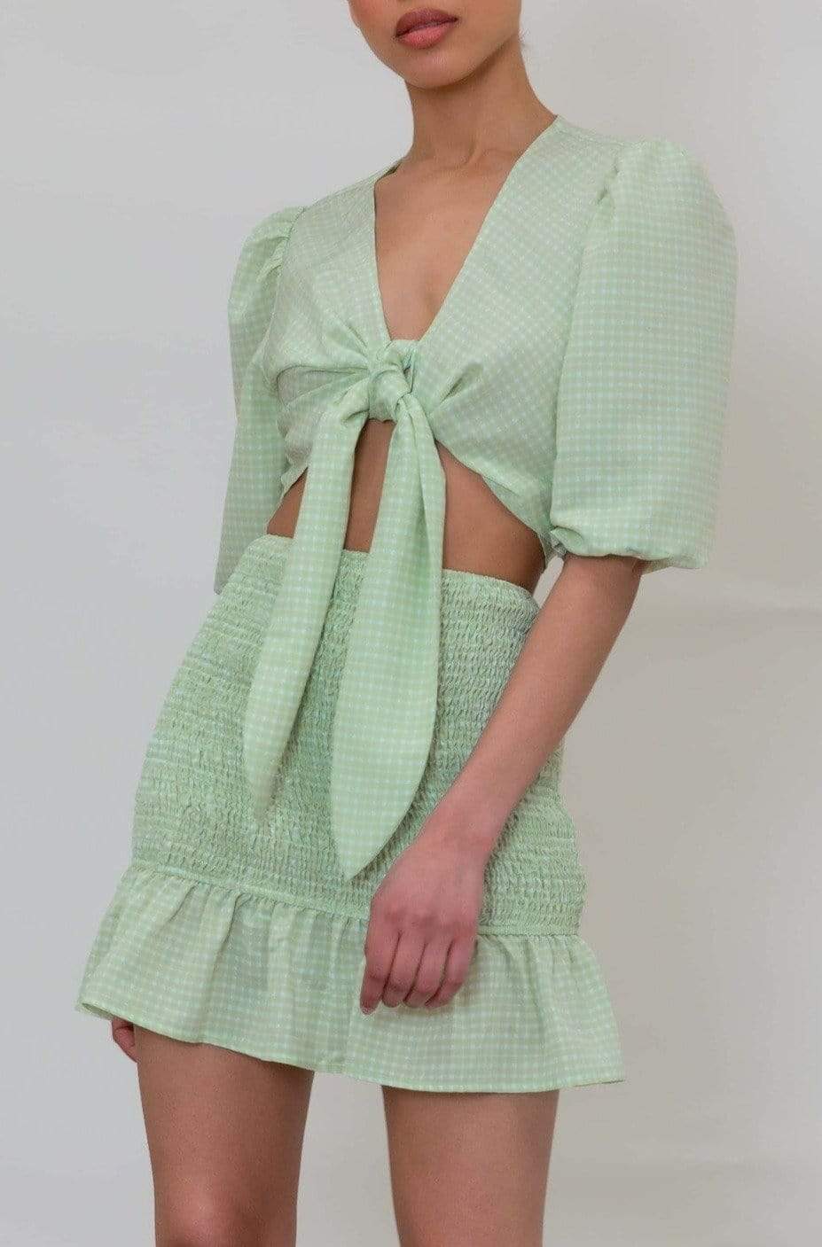 Jamie Printed Tie Knot Blouse - Green Gingham, 8