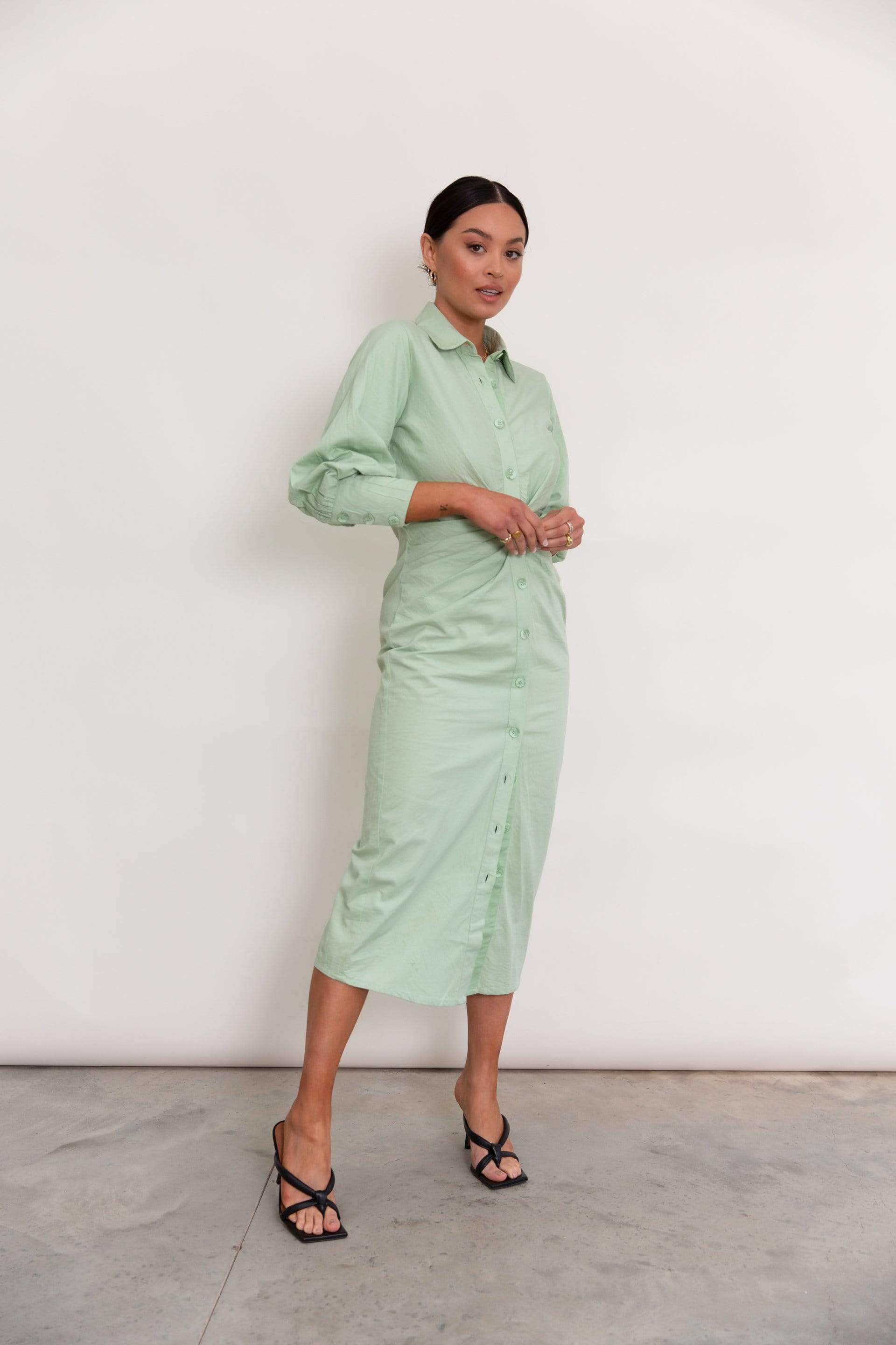 Ebony Ruched Midi Dress - Pastel Green, 10