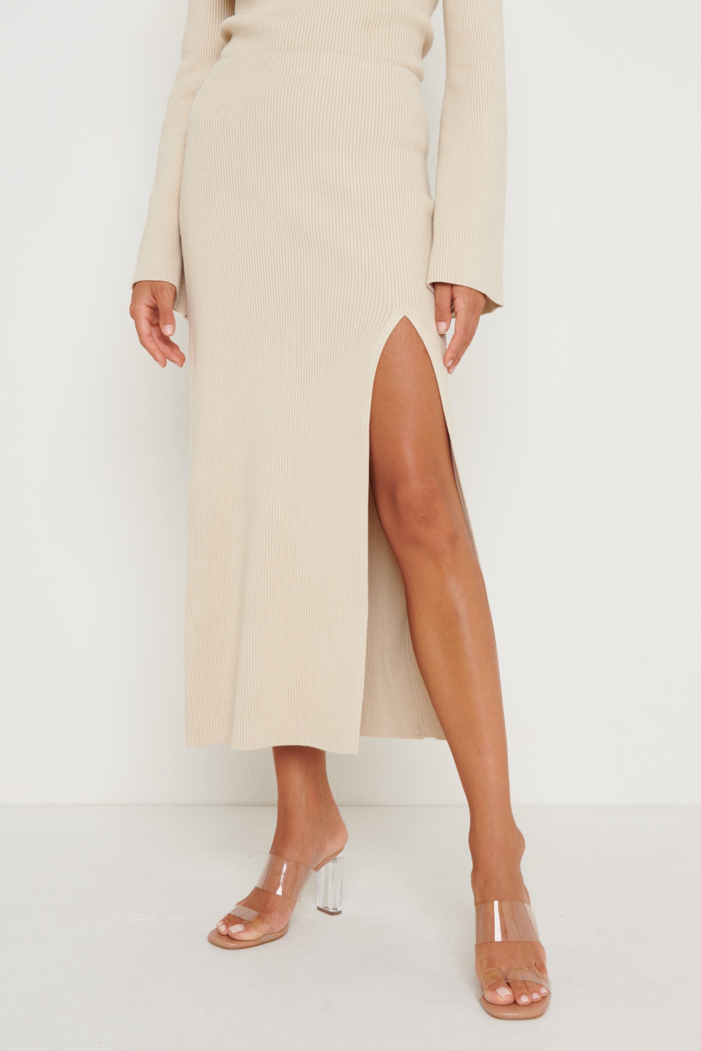 Blythe Slit Knit Skirt - Beige, XL