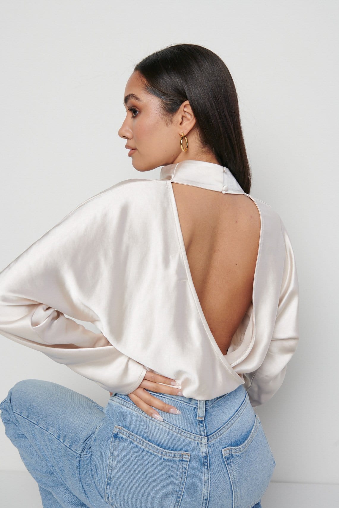 Bonnie High Neck Backless Blouse - Oyster, 12