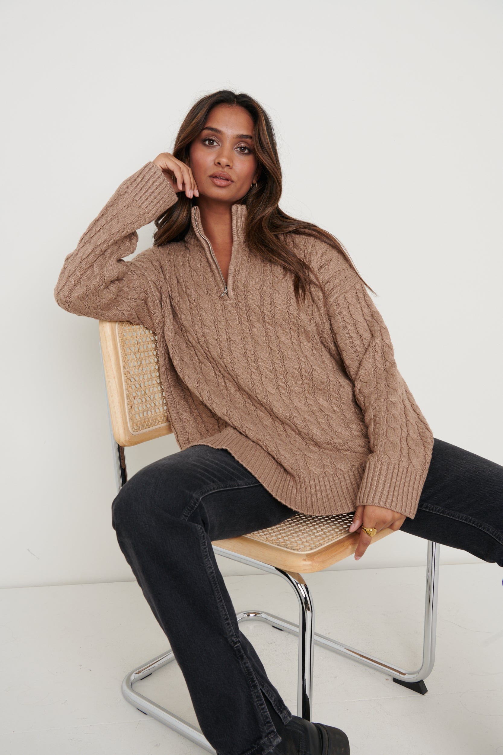 Braelyn Zip Collared Knit Jumper - Brown, XS