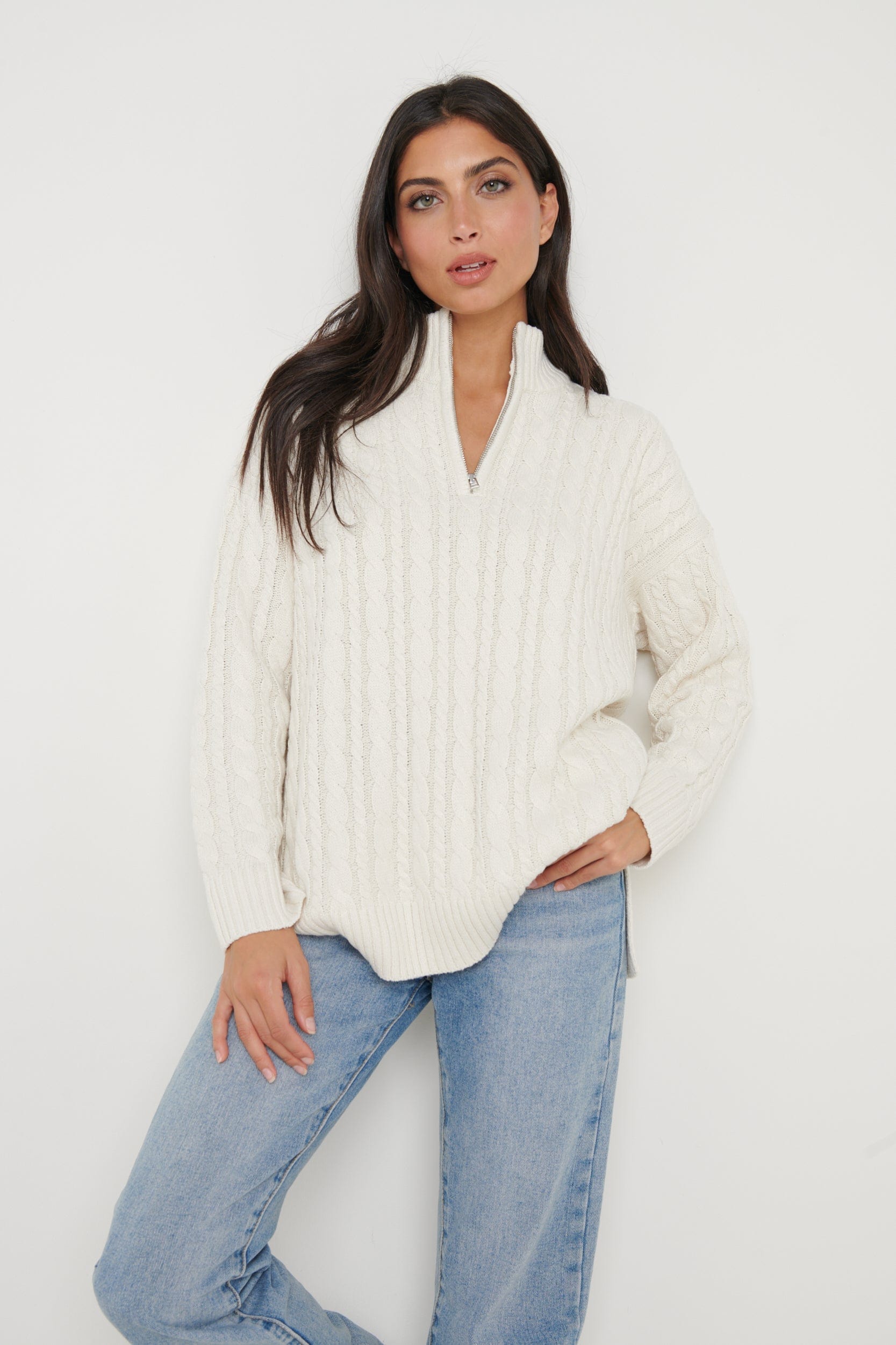 Braelyn Zip Collared Knit Jumper - Cream, L