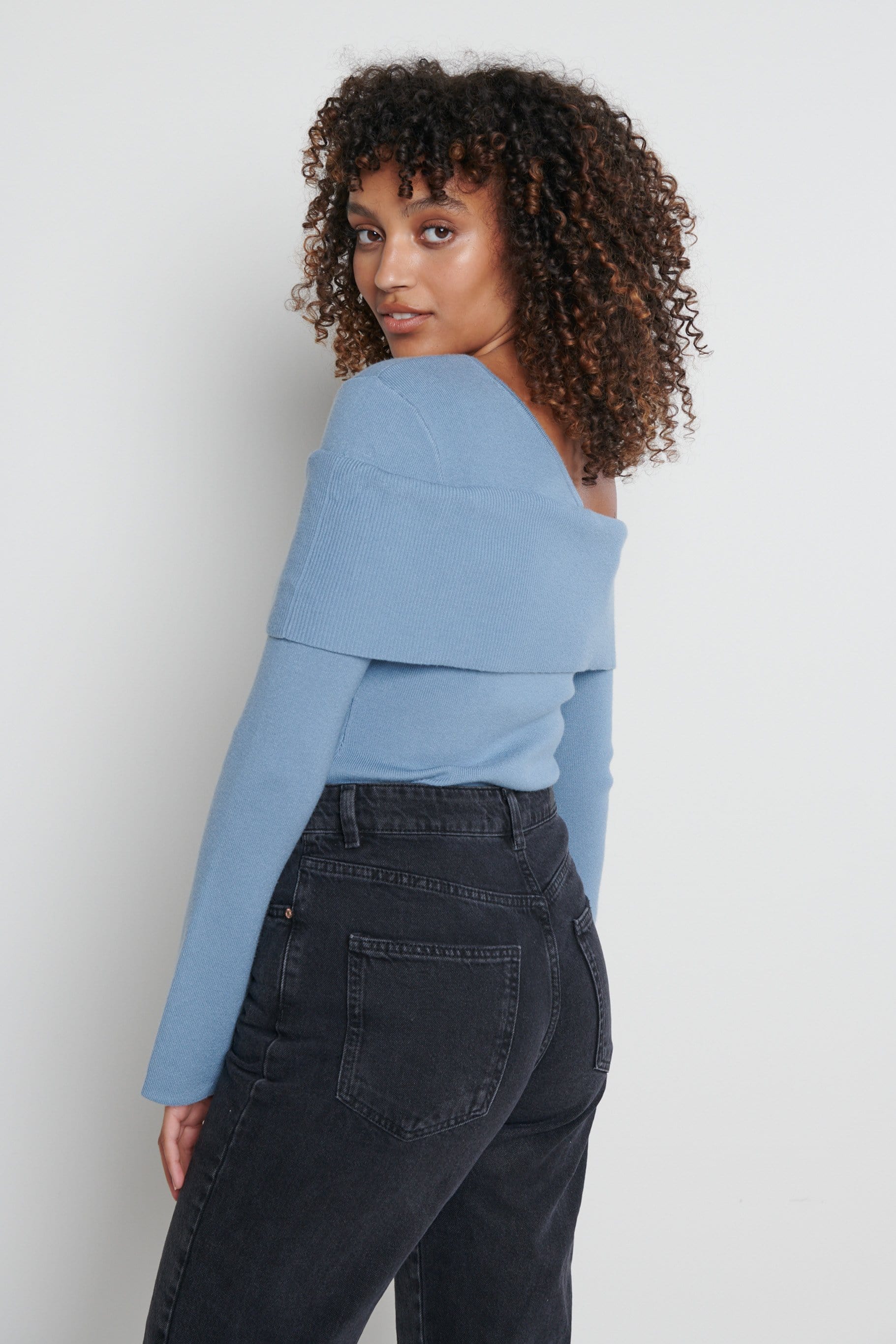 blue knit top