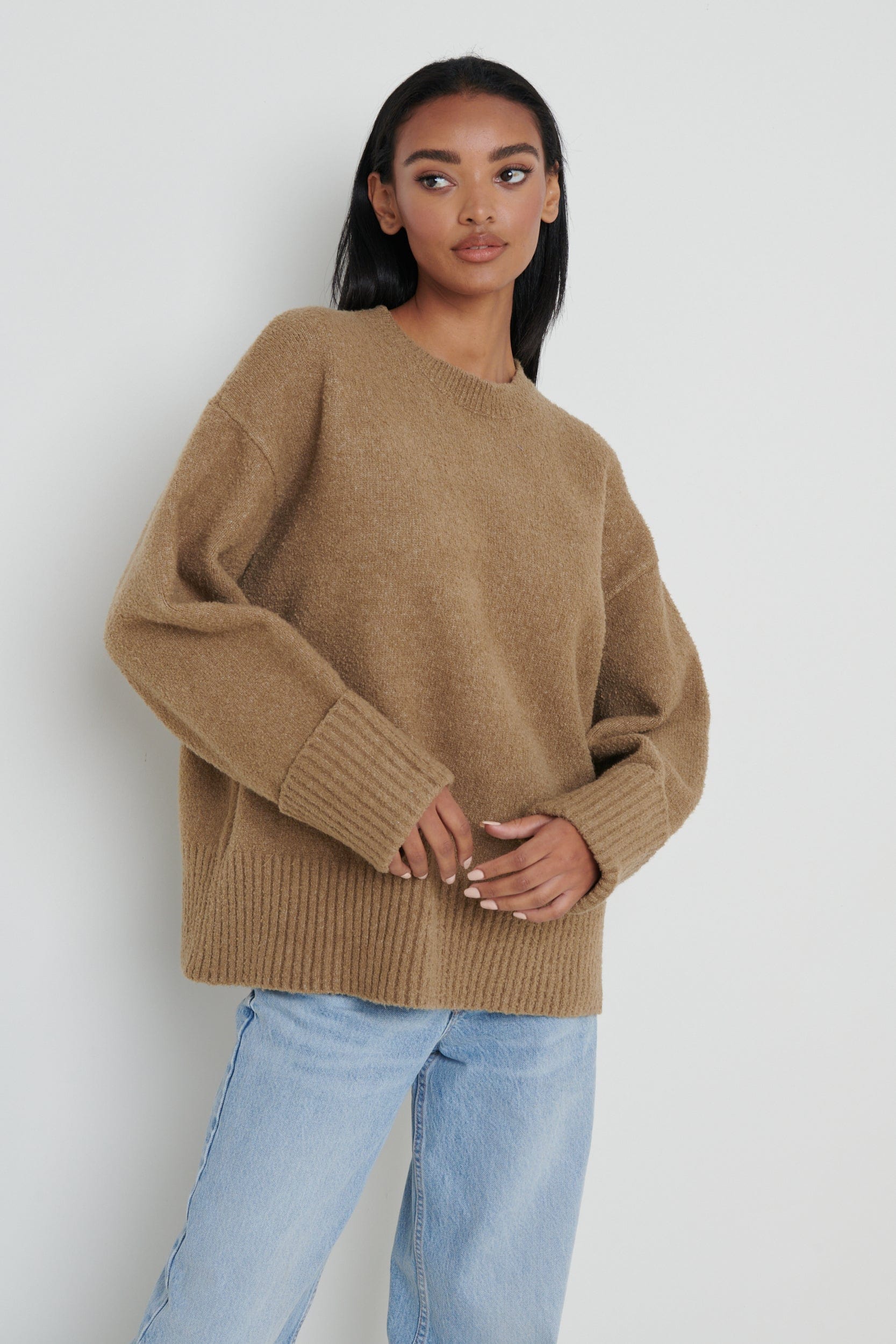 Camille Oversized Borg Jumper - Light Brown, L