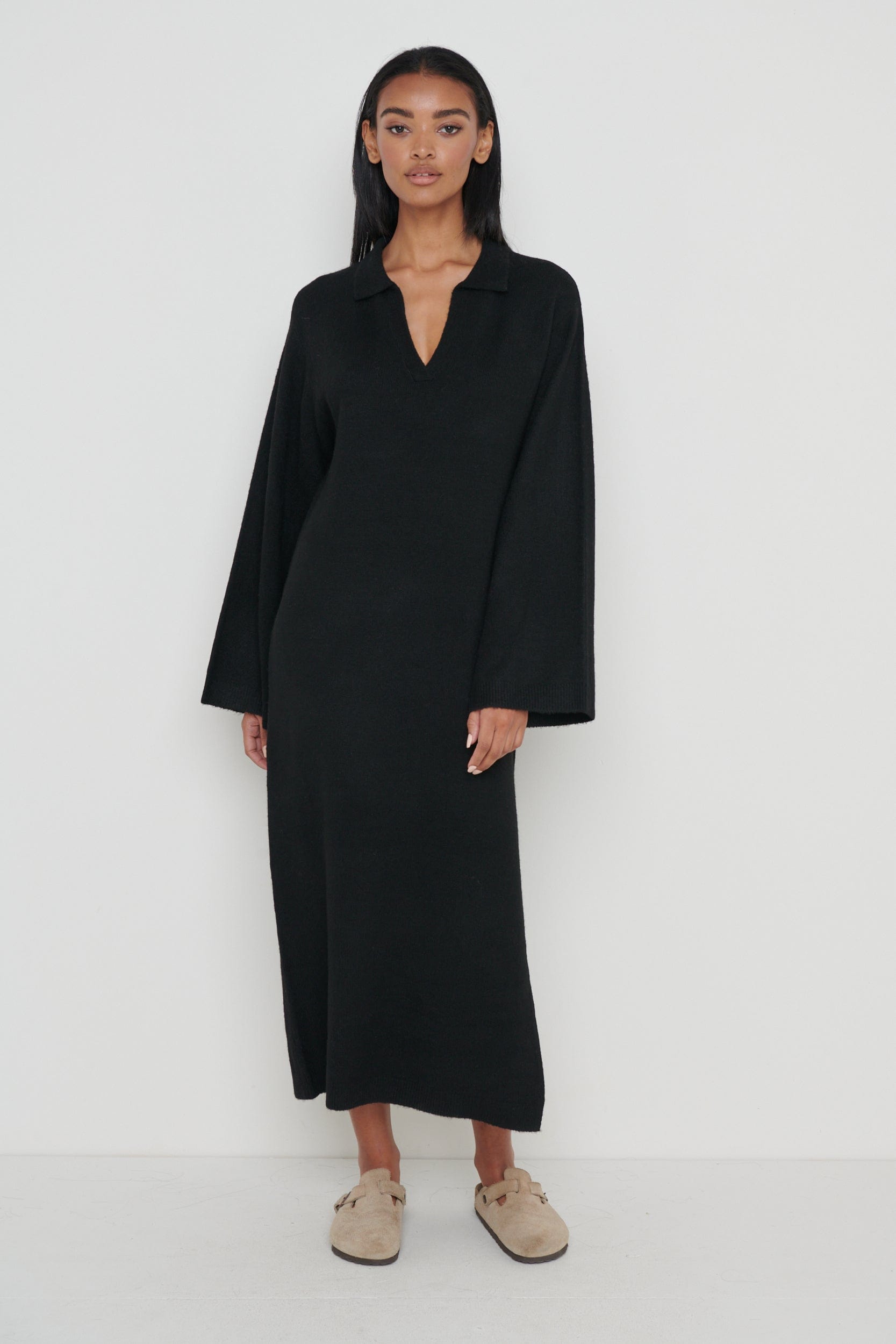 Cas Collared Knit Dress - Black, XL