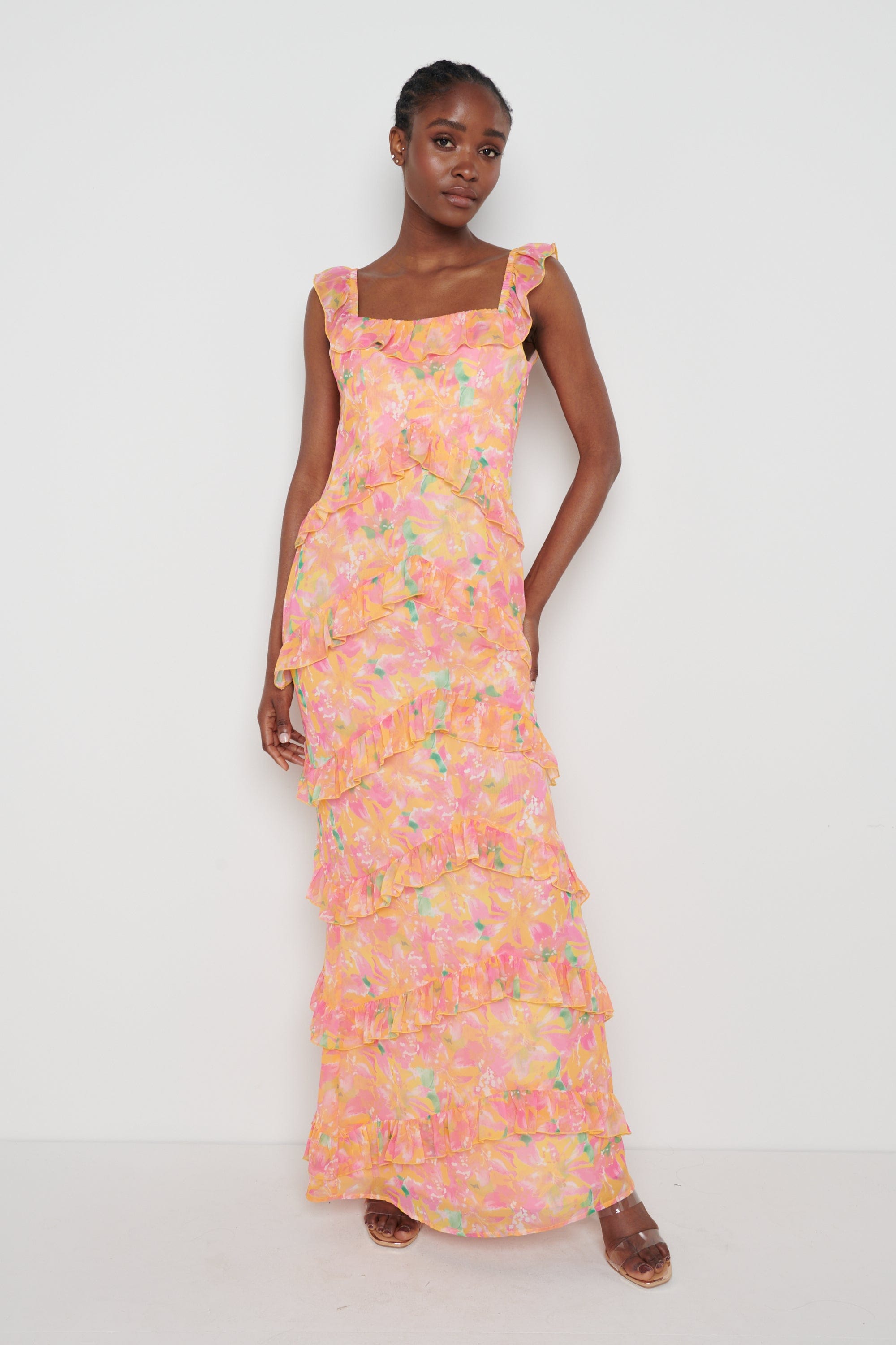 Cecile Maxi Dress - Orange and Pink Floral, 16