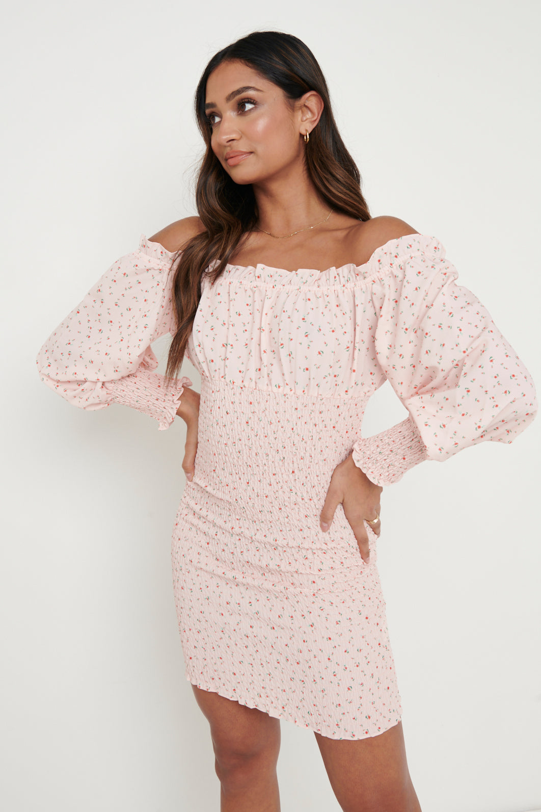 Delarose Bardot Mini Dress - Pink Ditsy Floral, 8