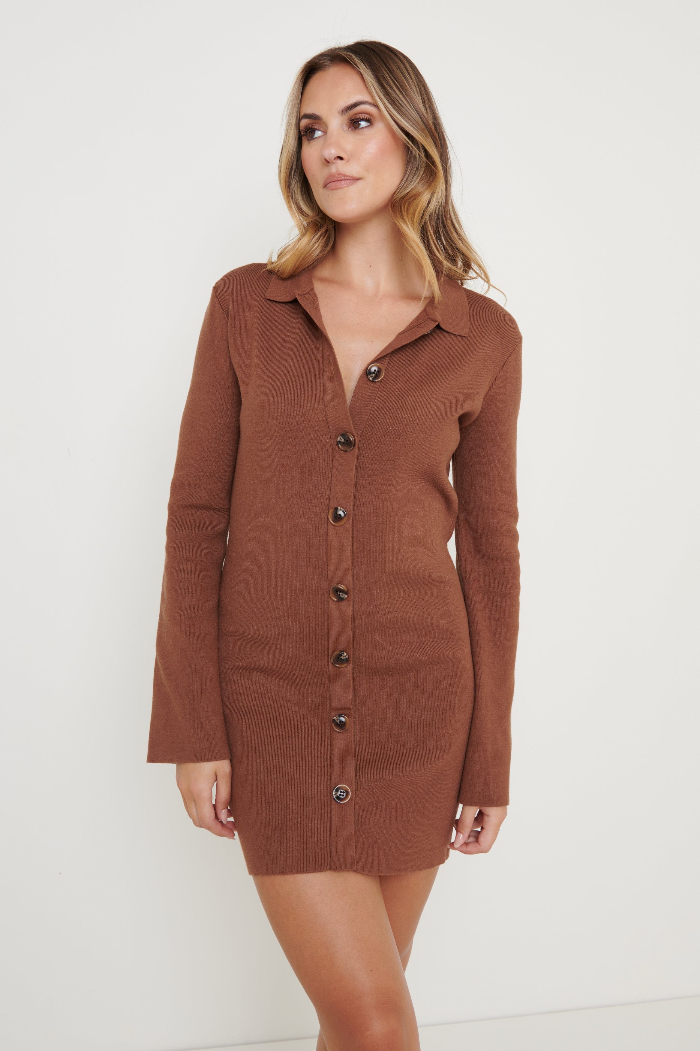 Elsa Mini Knit Button Dress- Brown, S