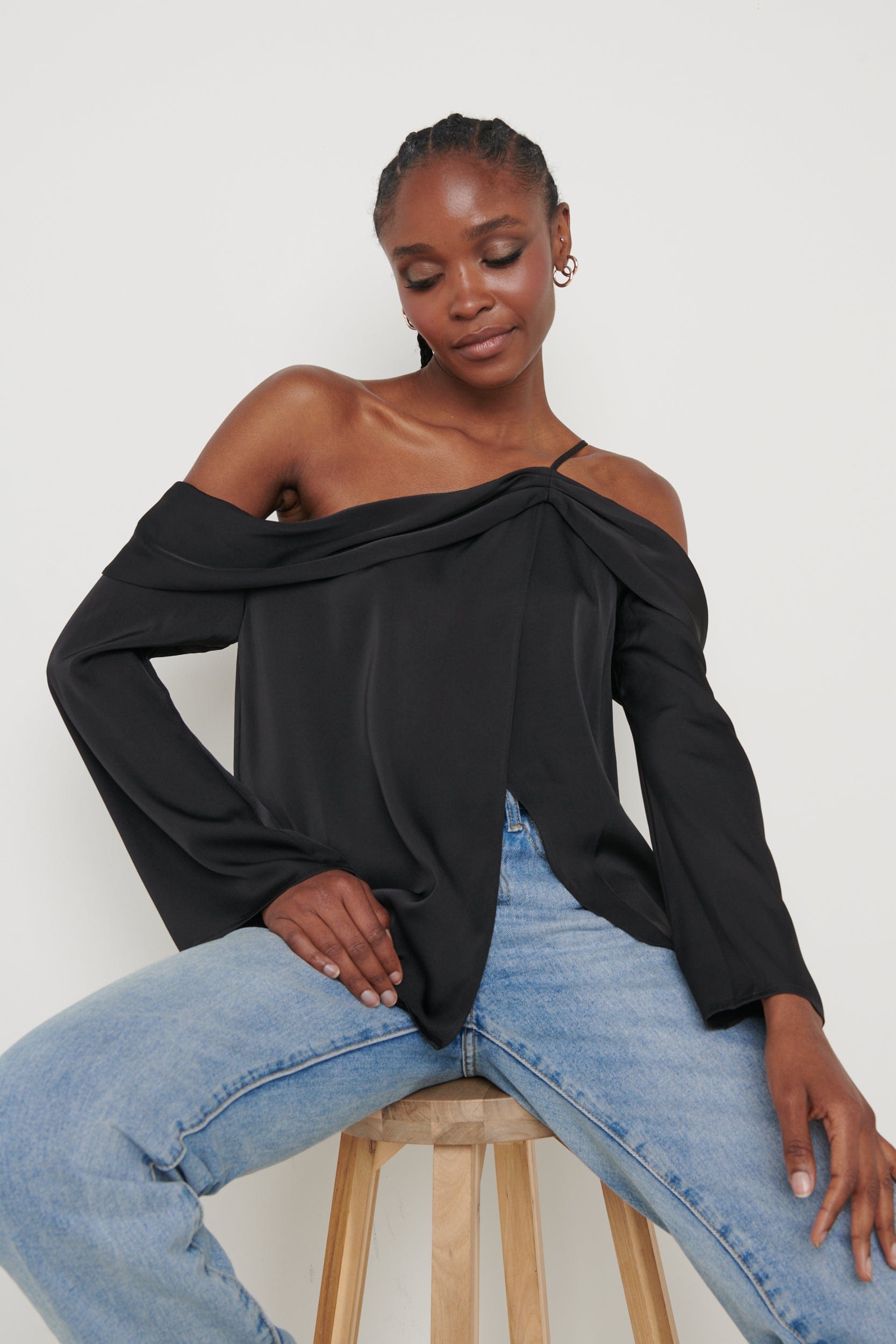 Estelle One Shoulder Drape Blouse - Black, 6