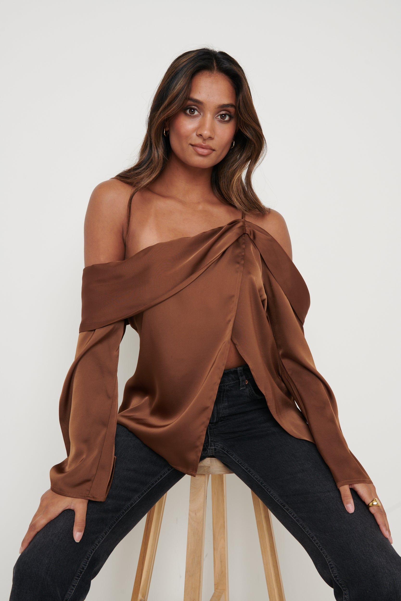 Estelle One Shoulder Drape Blouse - Brown, 16