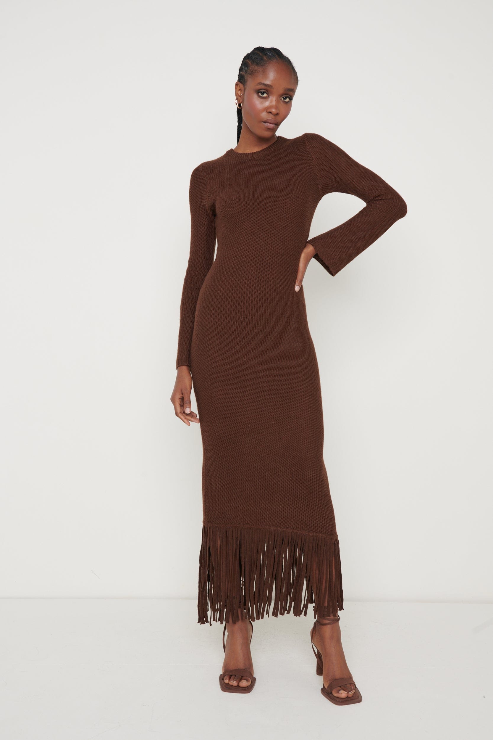 Francoise Fringed Knit Maxi Dress - Brown, XS