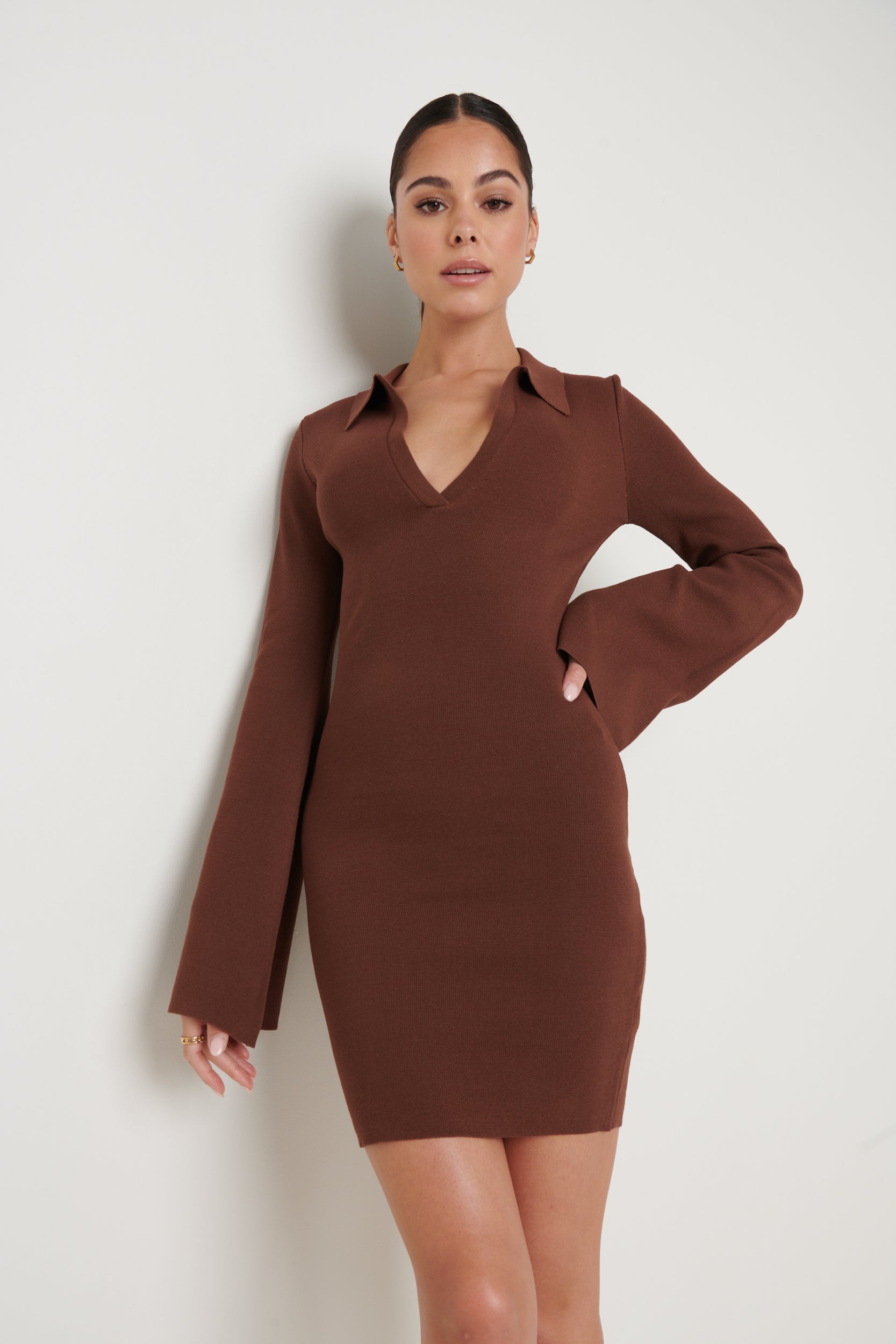 Hayden Mini Collared Knit Dress - Brown, S