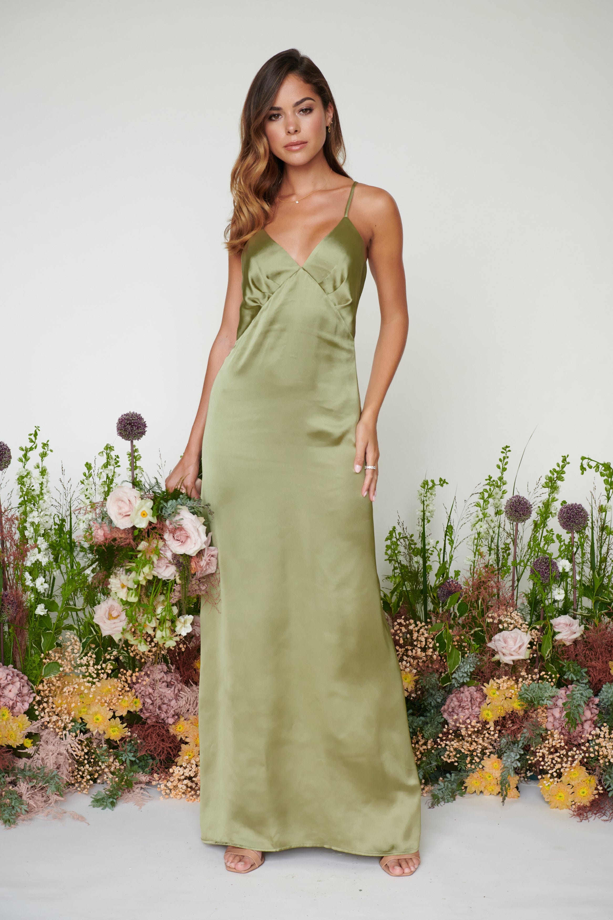 Ines Recycled Maxi Bridesmaids Dress - Matte Olive, 8