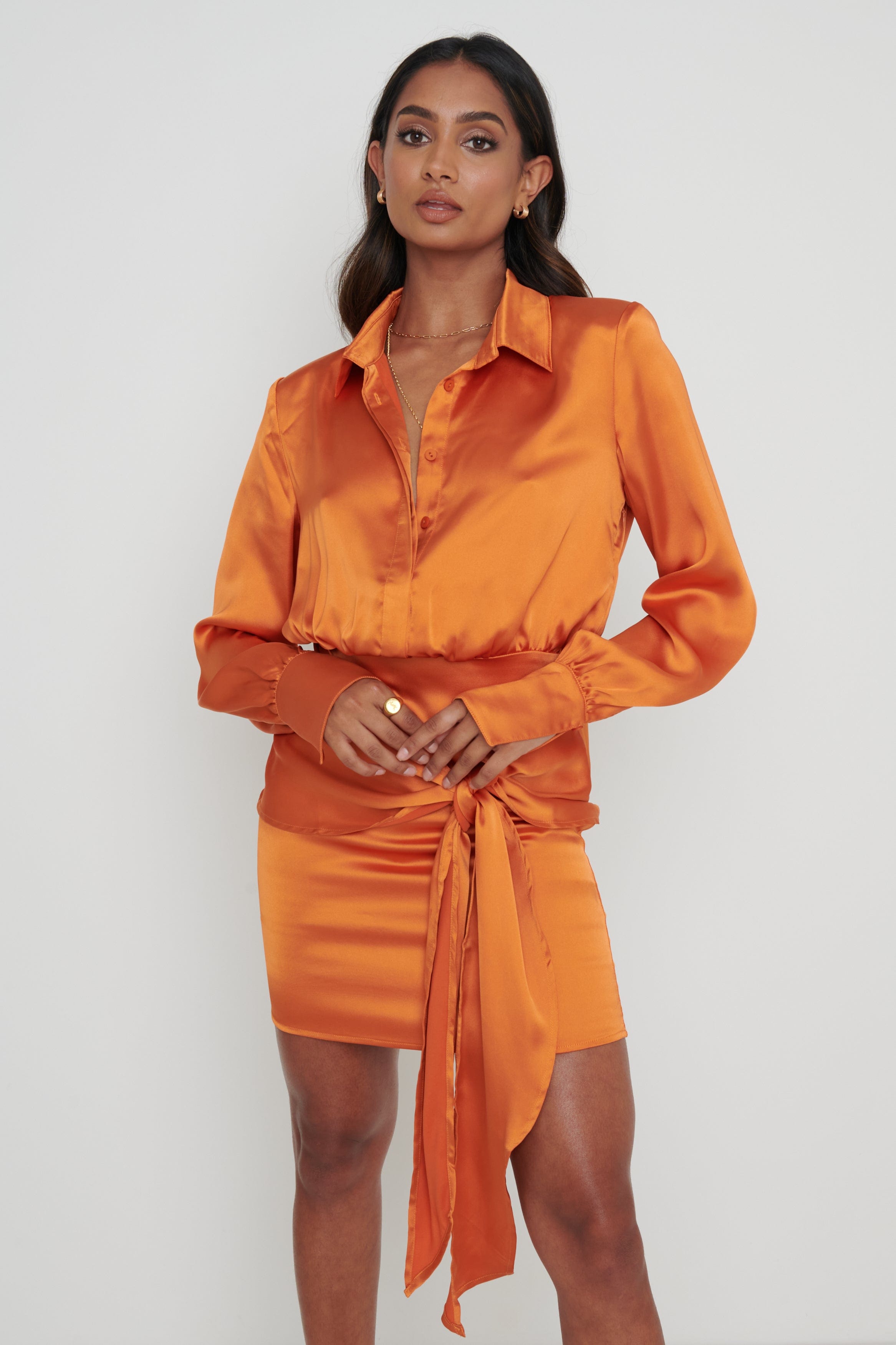 Isla Tie Knot Mini Satin Dress - Orange, 12