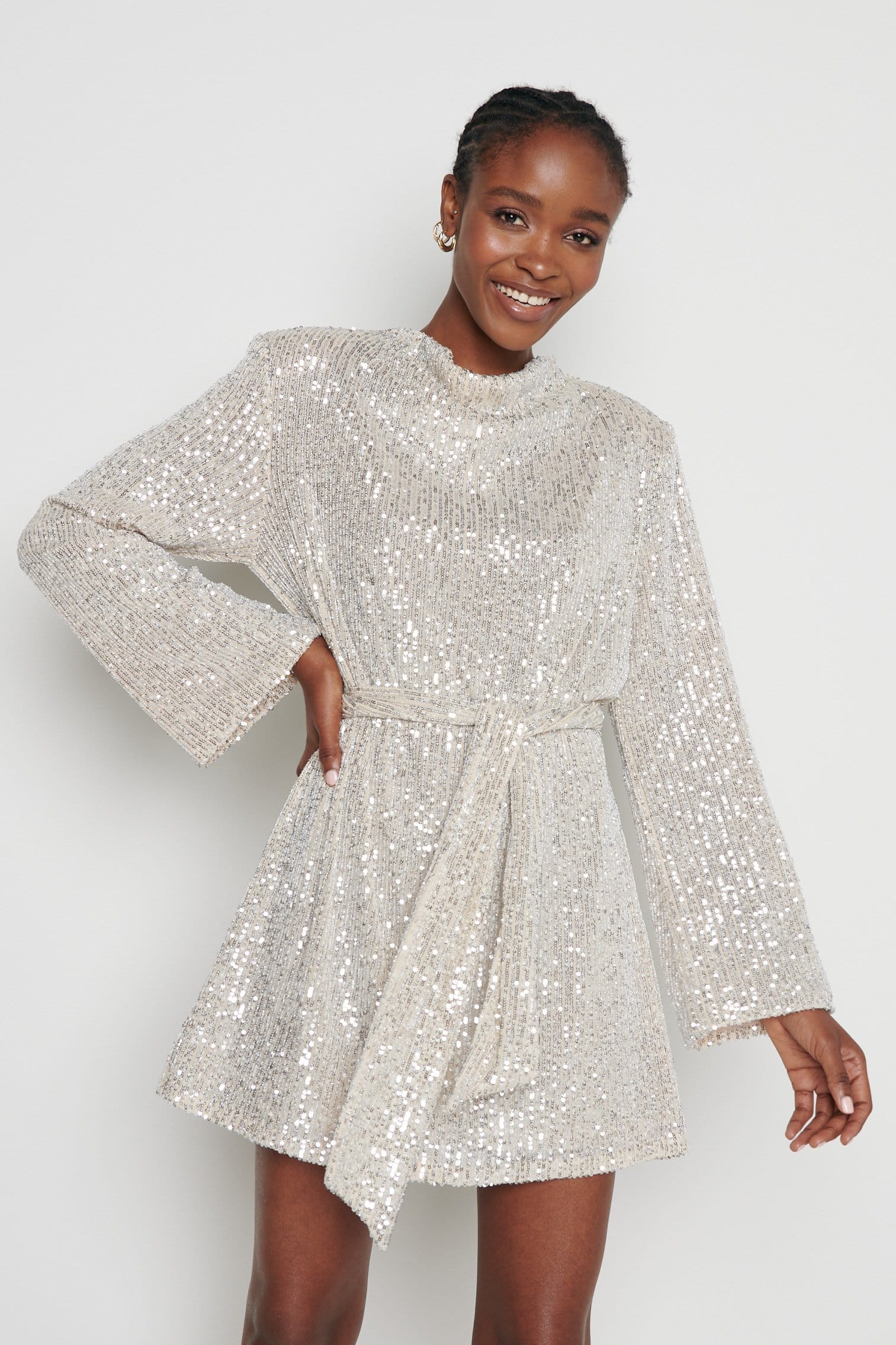 Jayda Sequin Cowl Neck Dress - Silver, M