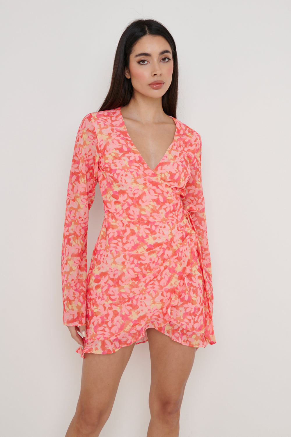 Jessica Wrap Mini Dress - Orange and Pink Floral, 16
