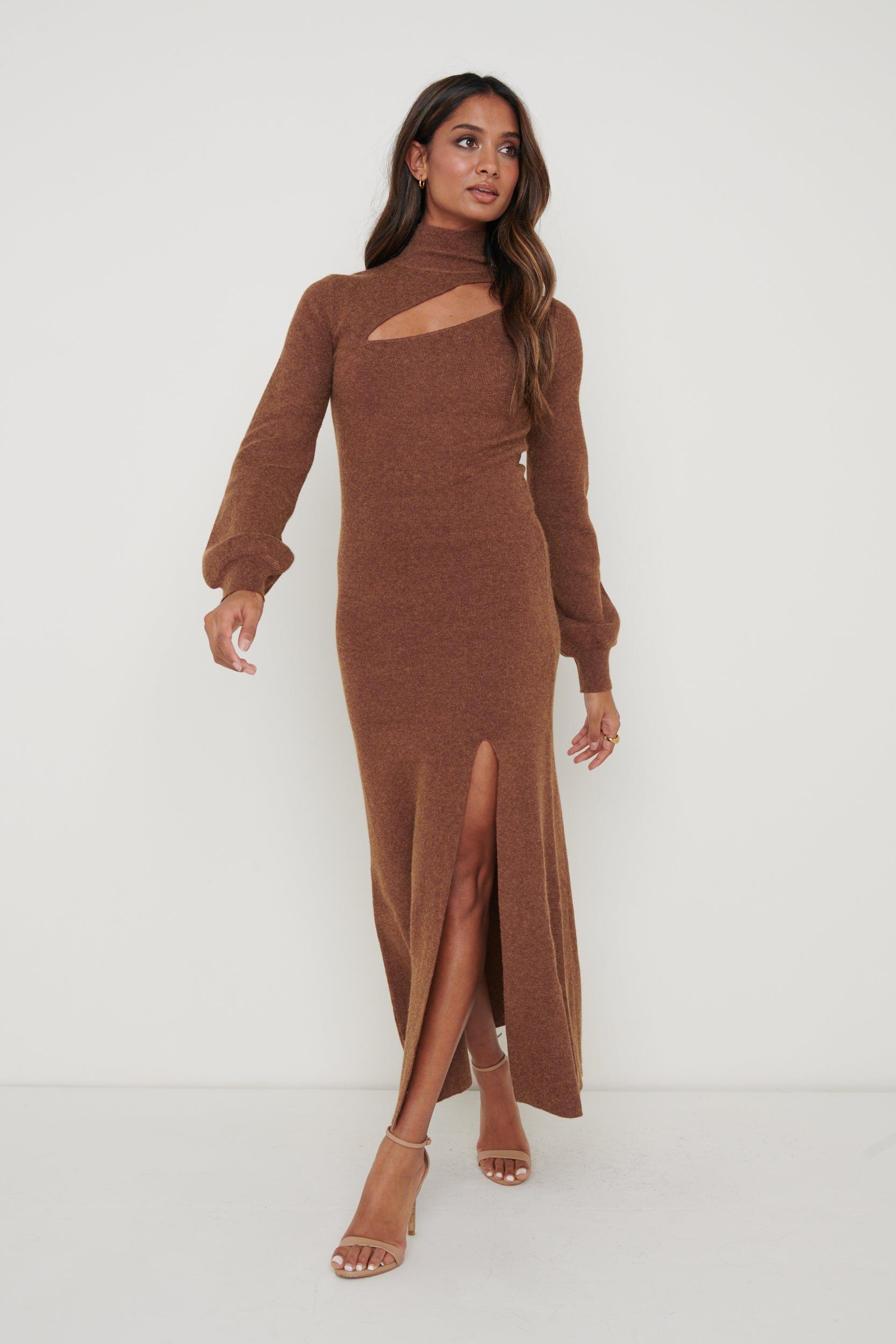 Jolie Cut Out Knit Dress - Chocolate Brown, XS