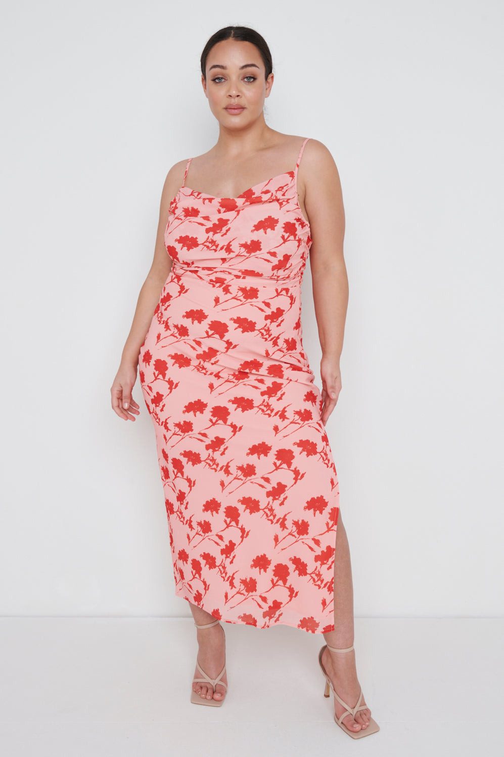 Keisha Ruched Midaxi Dress Curve - Pink and Red Floral, 24