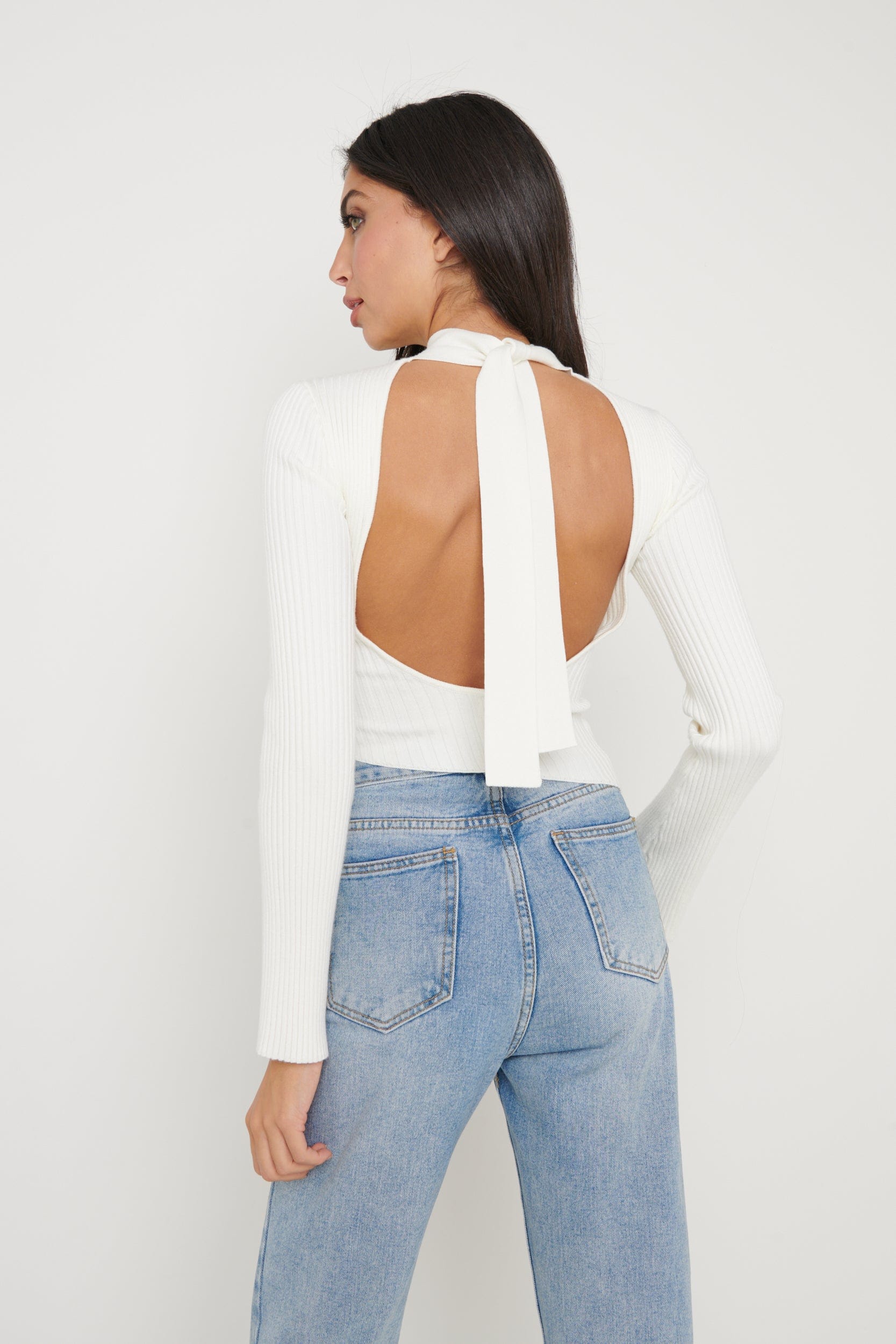 Lakelyn Backless High Neck Knit Top - Cream, S