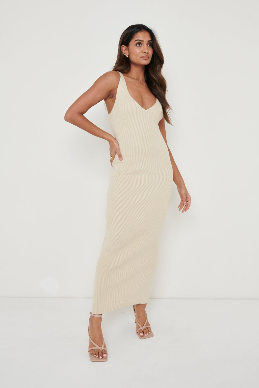 Lara Ribbed Midaxi Dress - Light Beige, L / BEIGE