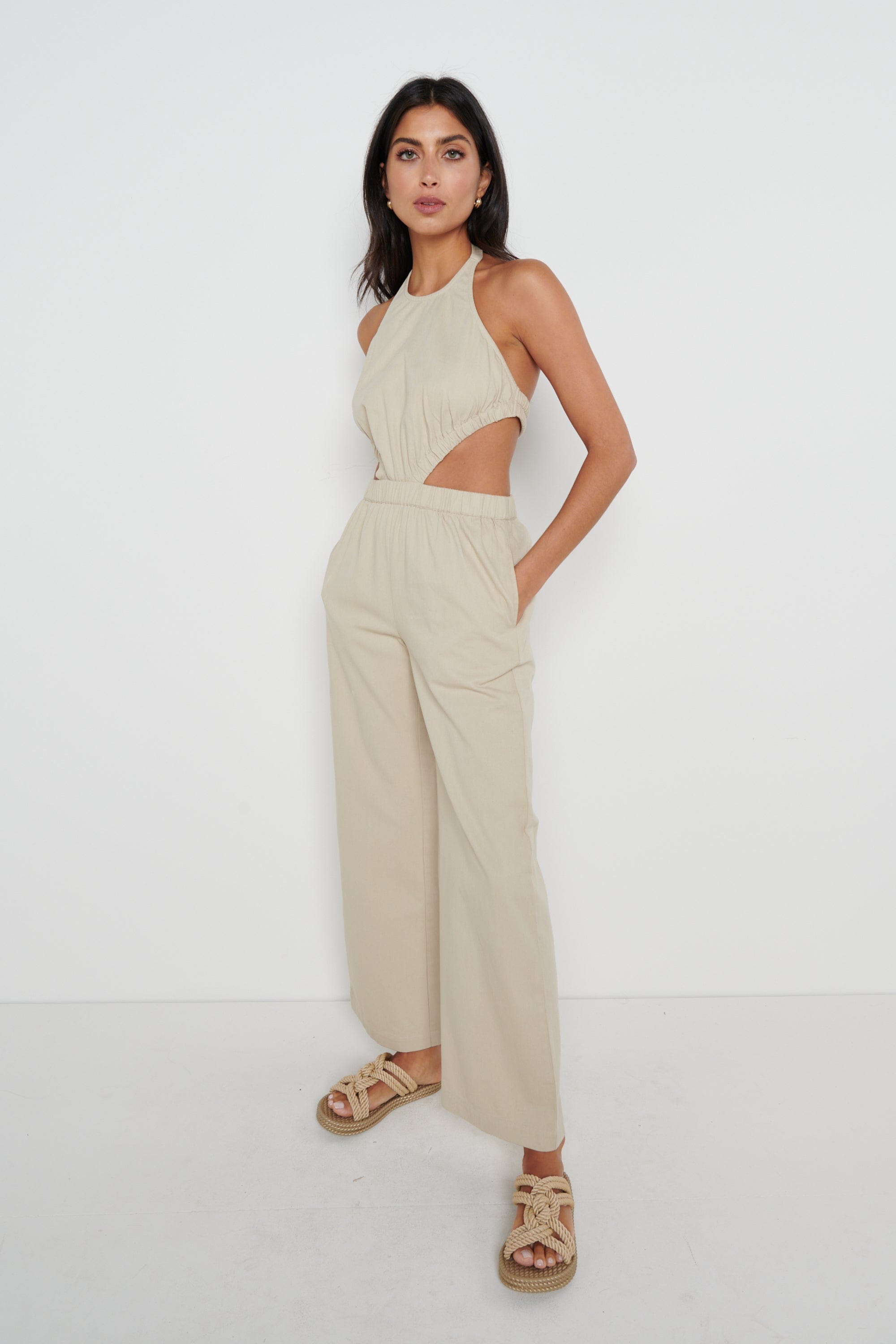 Lexi Scrunch Backless Jumpsuit - Taupe, 16