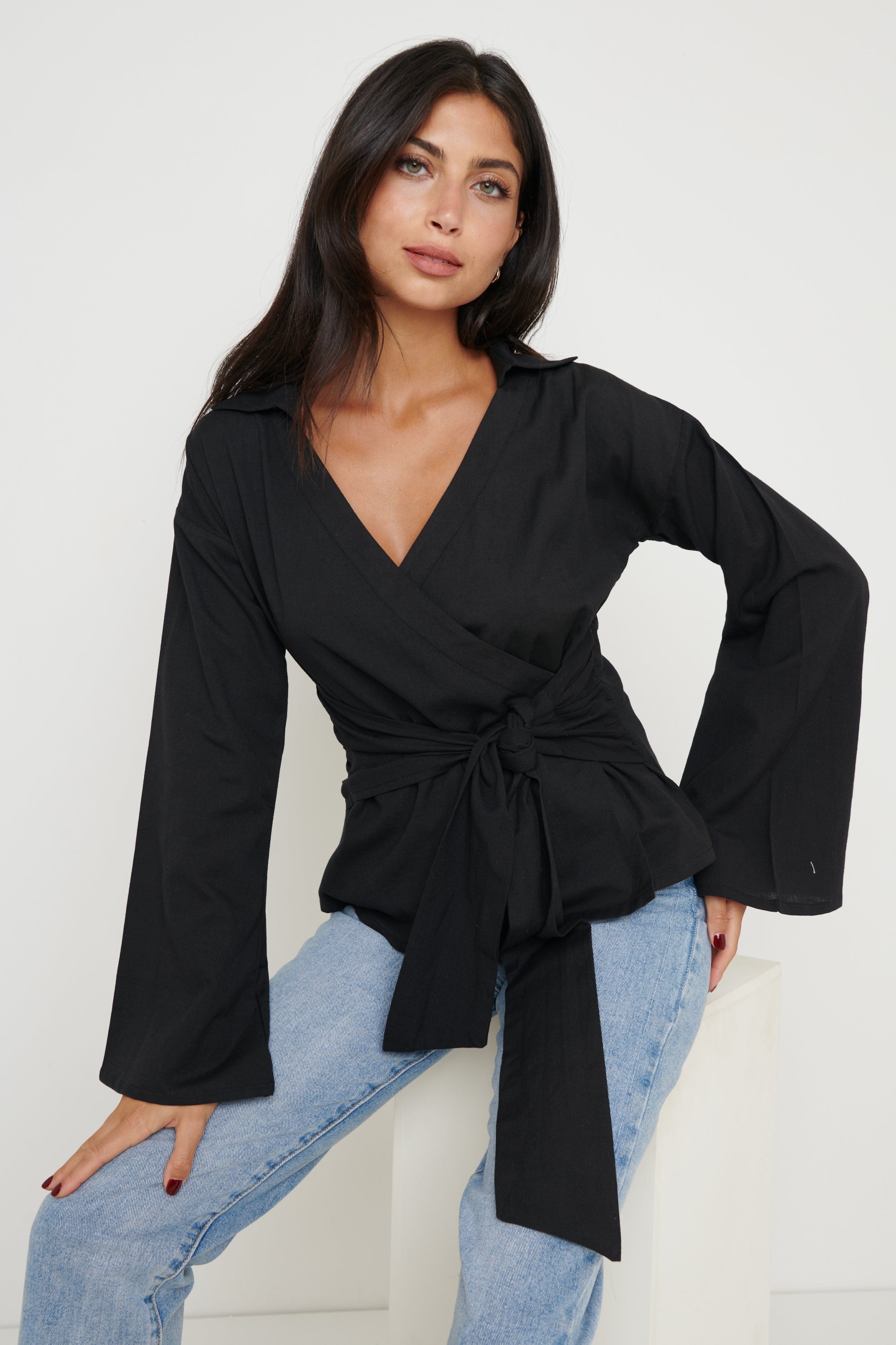 Louis Linen Wrap Blouse - Black, 14