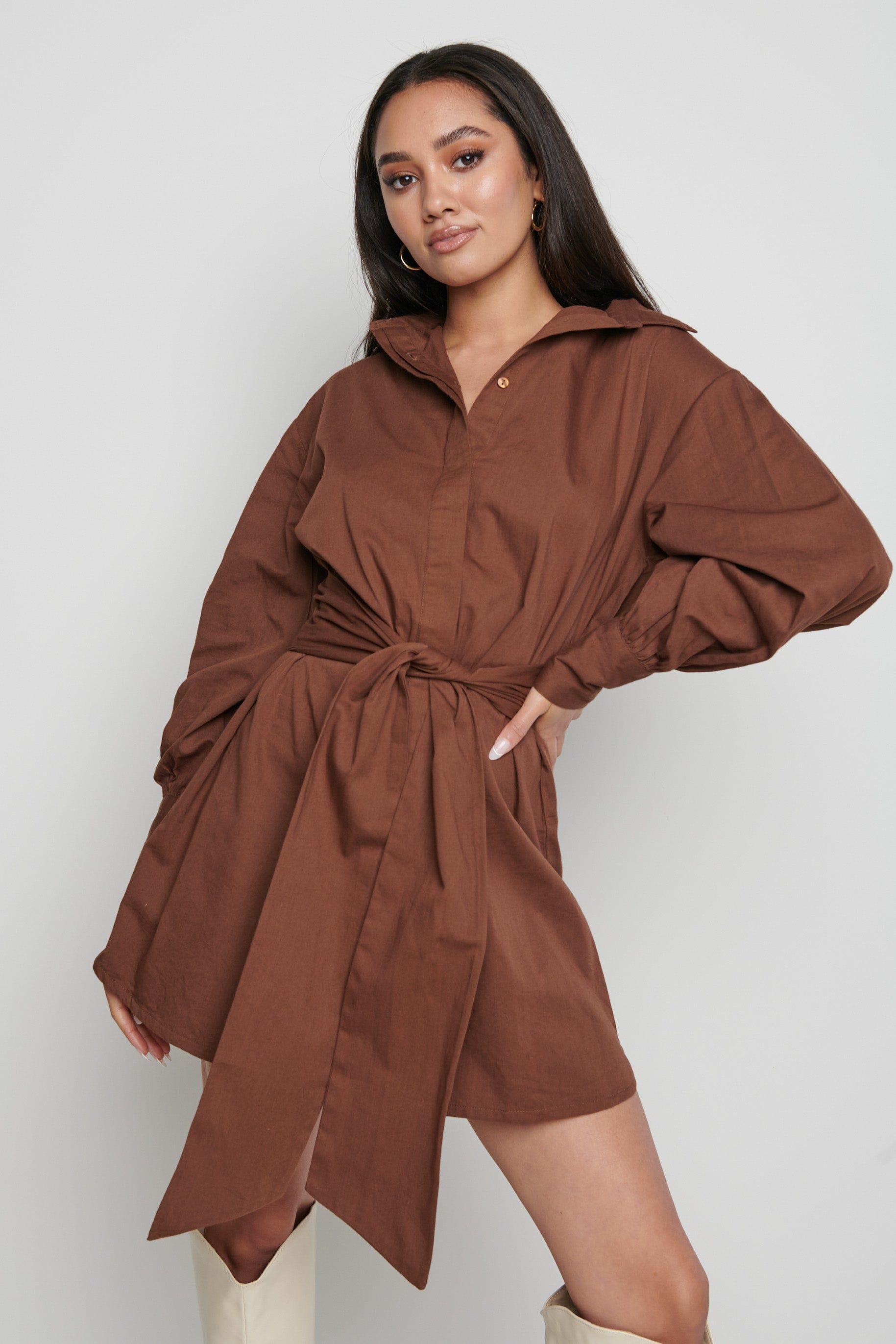 Mabel Mini Shirt Dress- Brown, S