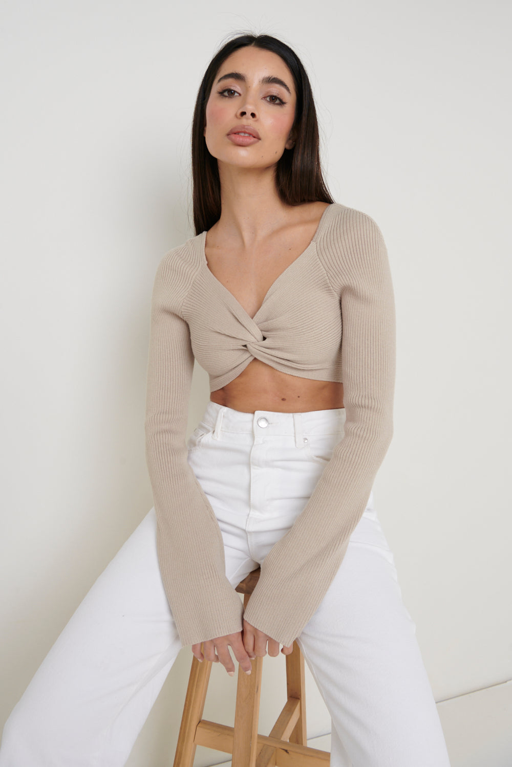 Maisie Long Sleeve Twist Knit Top - Taupe, M
