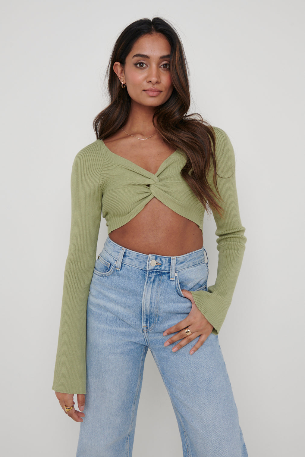 Maisie Long Sleeve Twist Knit Top - Olive, M