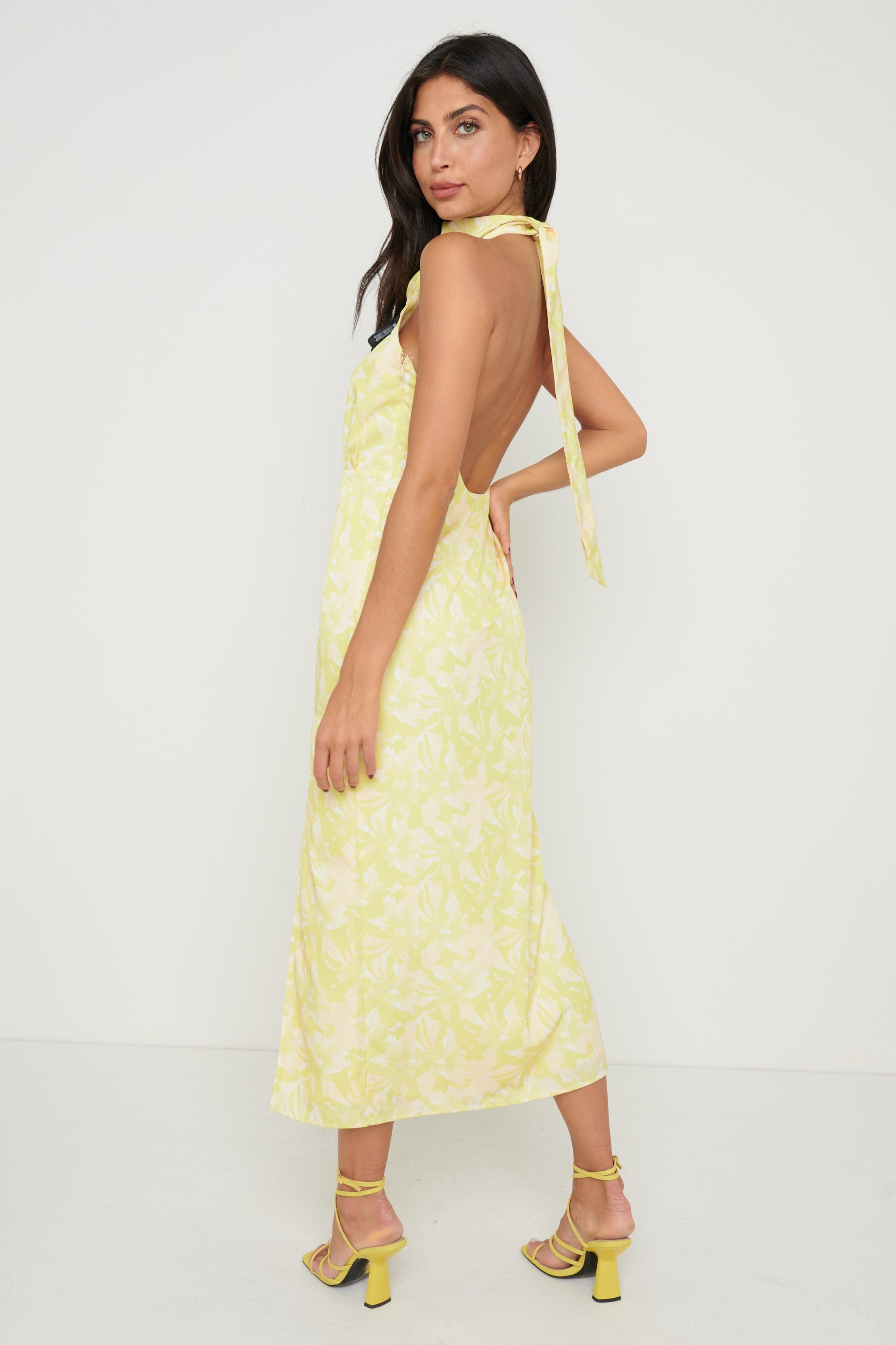 Odelle Backless Halter Tie Dress - Chartreuse Floral, 24