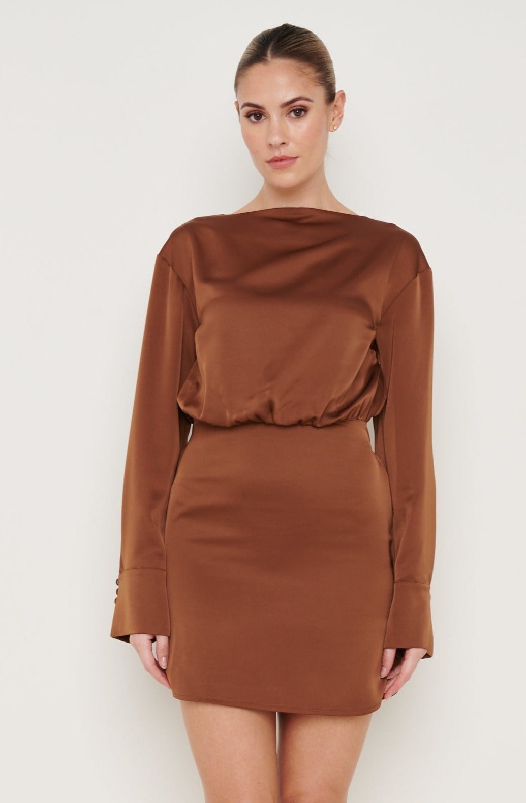 Olive Long Sleeve Satin Dress - Brown, 10
