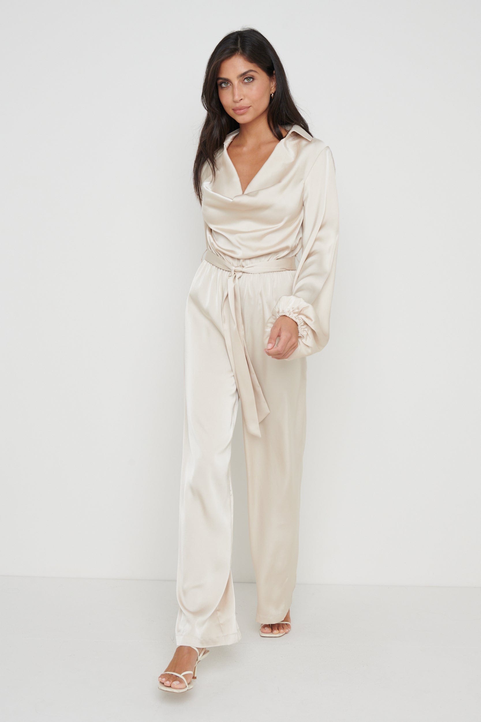 Orla Satin Cowl Neck Jumpsuit - Oyster, 14