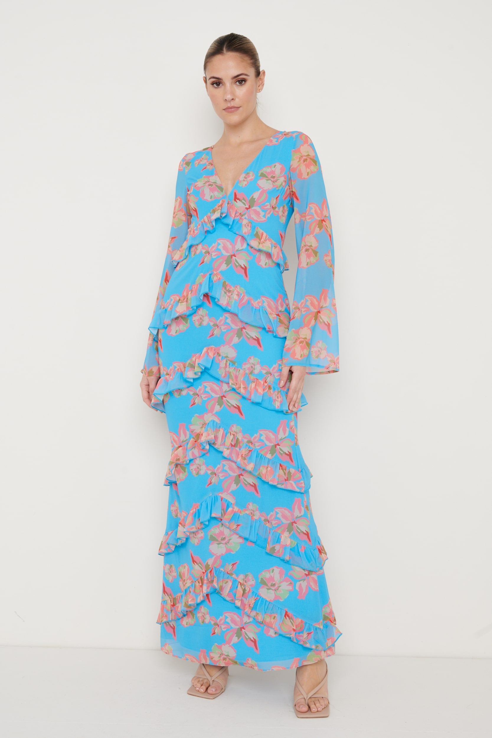 Paige Ruffle Maxi Dress - Blue Floral, 10