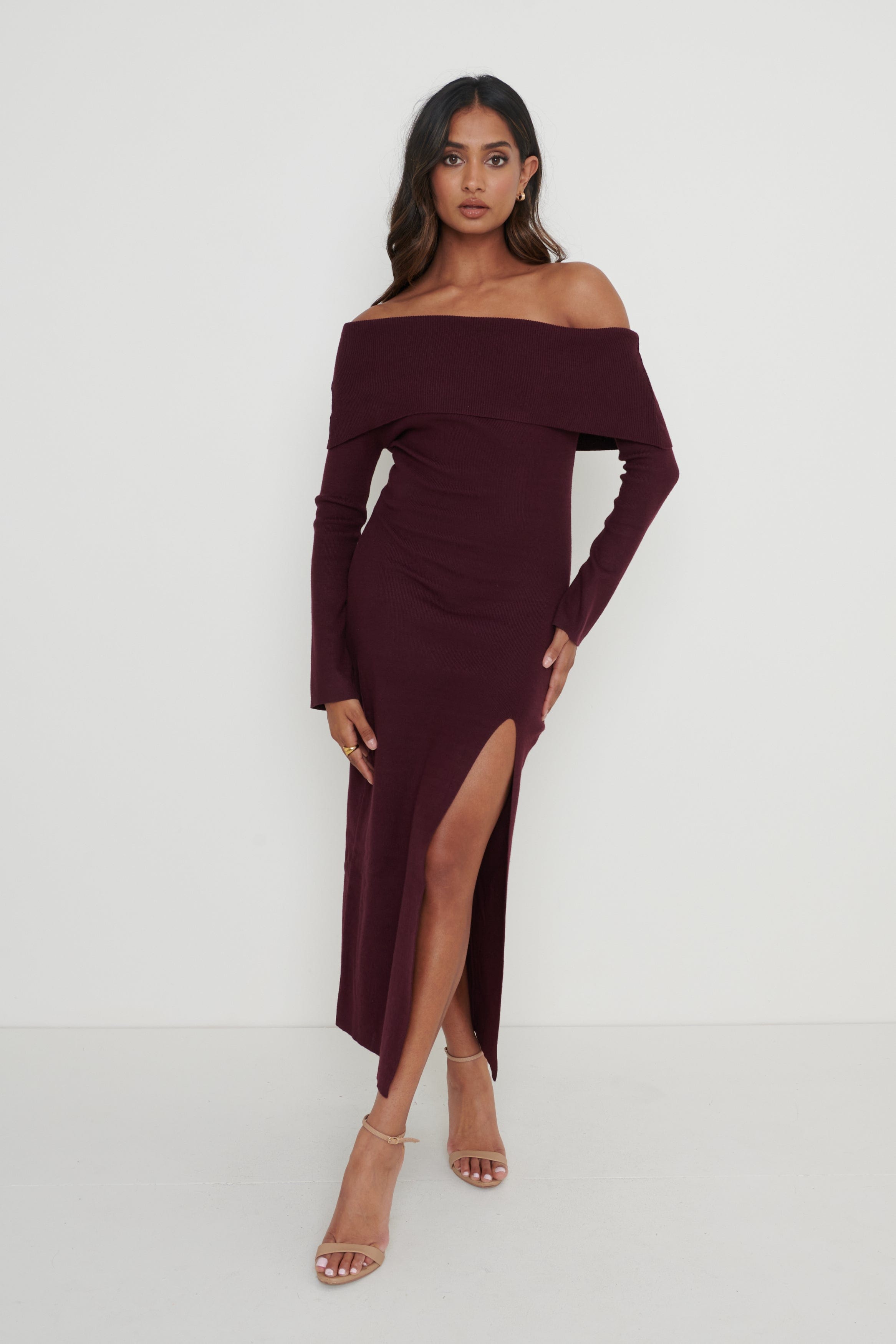 Payton Asymmetric Bardot Knit Dress - Wine, XS