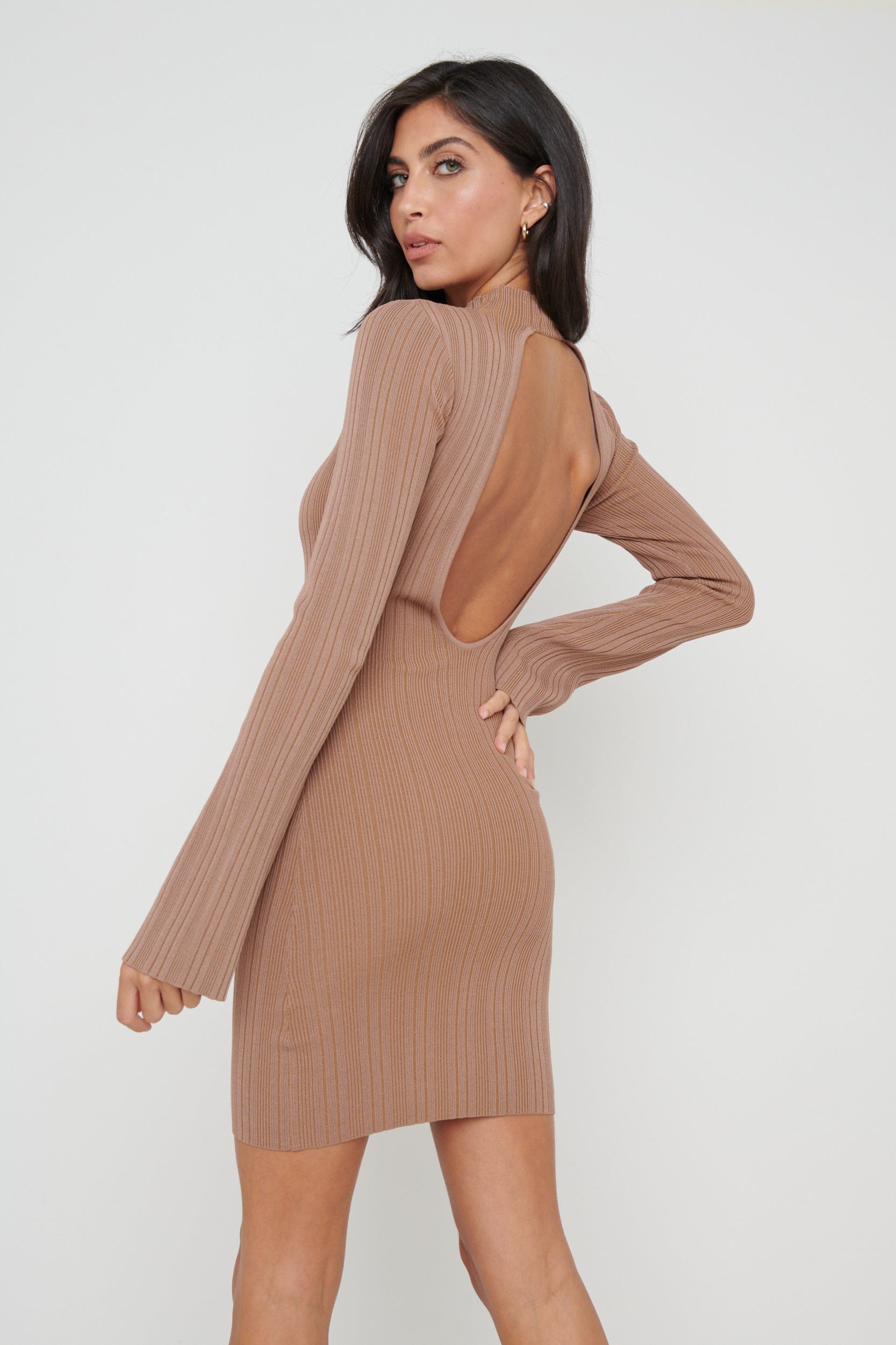 Priscilla High Neck Backless Mini Knit Dress - Mocha, XS