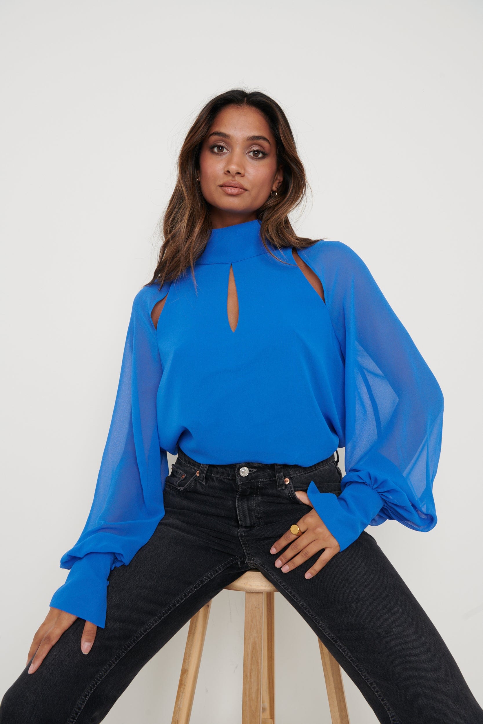Romy Cut Out High Neck Blouse - Blue, 8