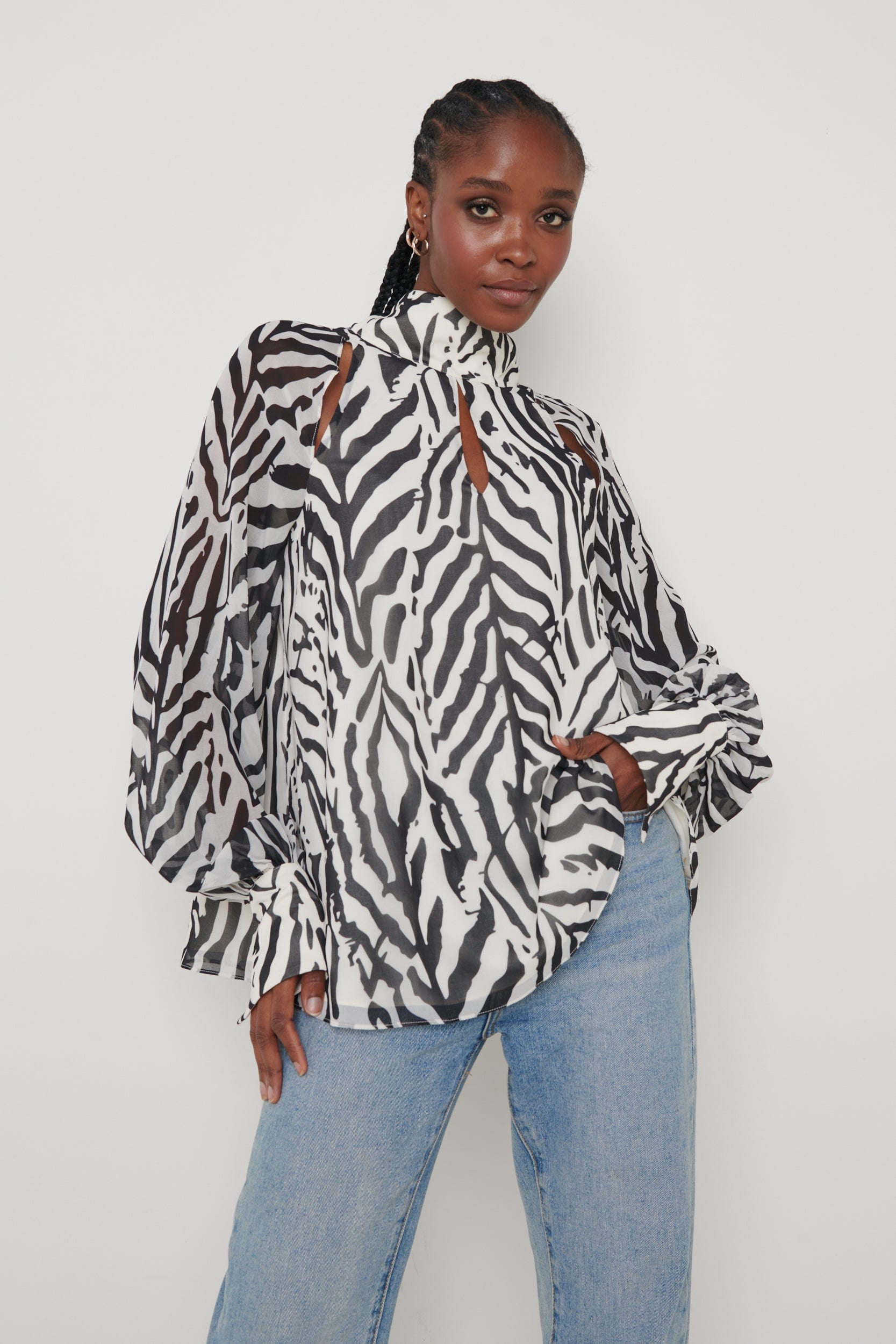 Romy Cut Out High Neck Printed Blouse - Zebra Abstract, 22