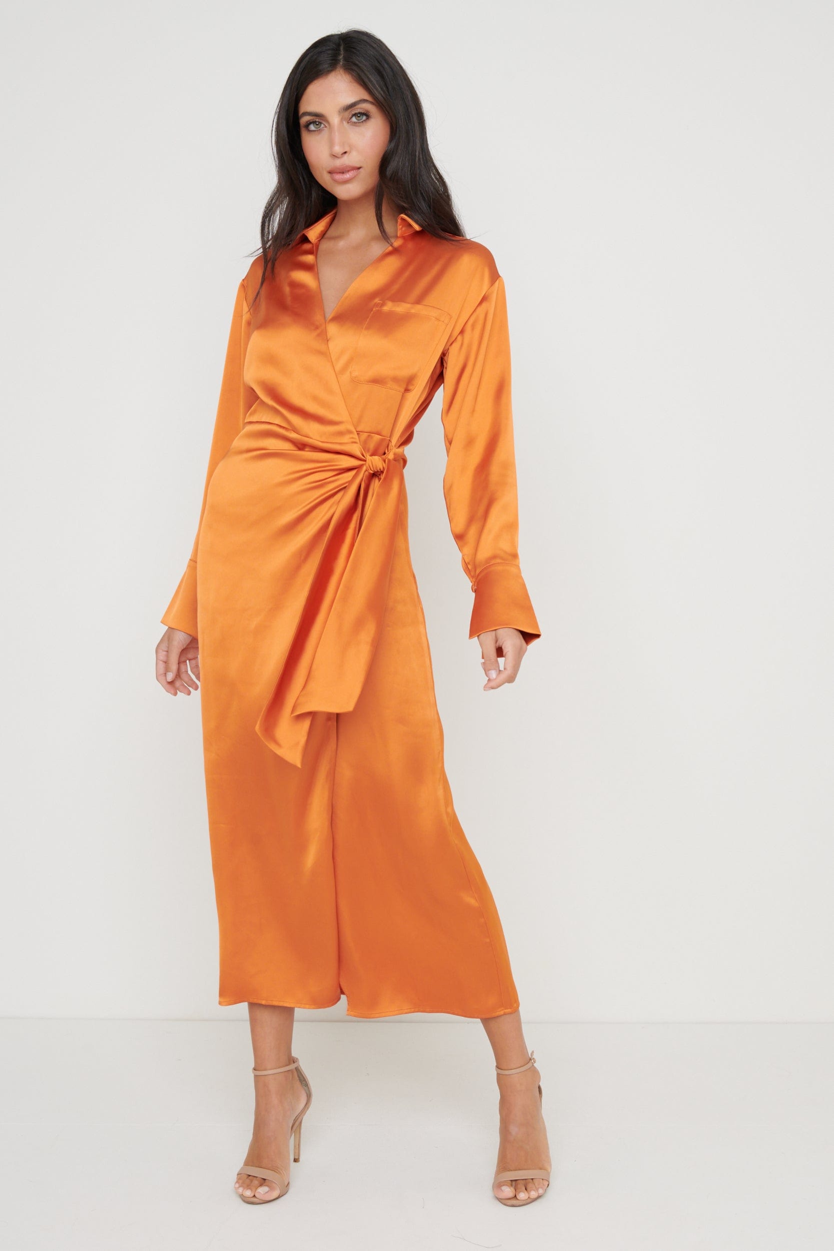 Ronnie Satin Wrap Dress - Orange, 24