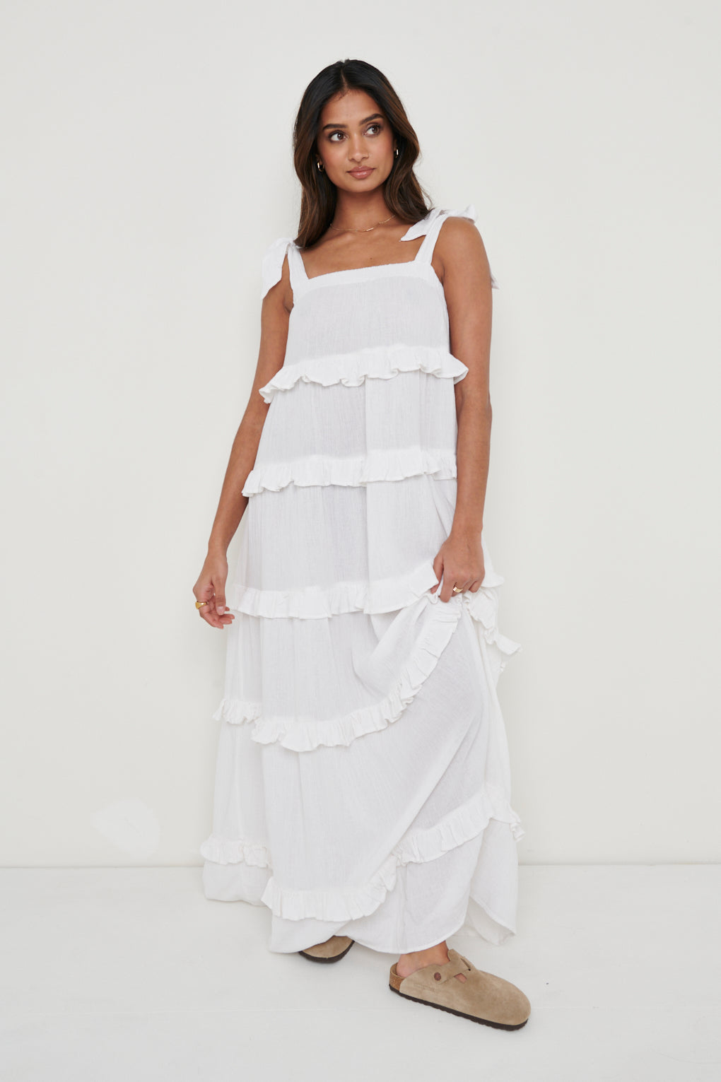 Rosetta Ruffle Midi Dress - White, M