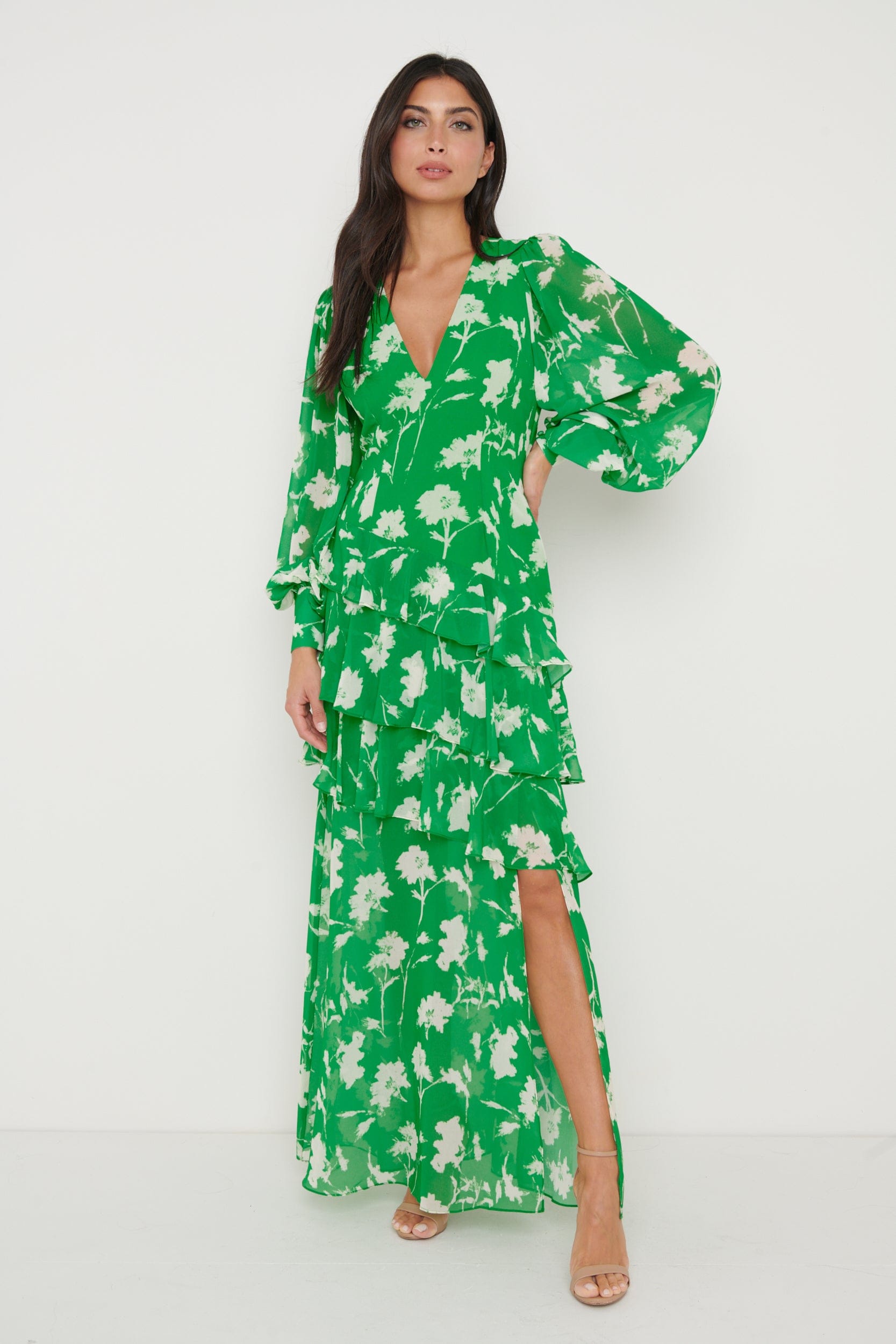 Sabrinna Backless Ruffle Dress - Green Floral, 10