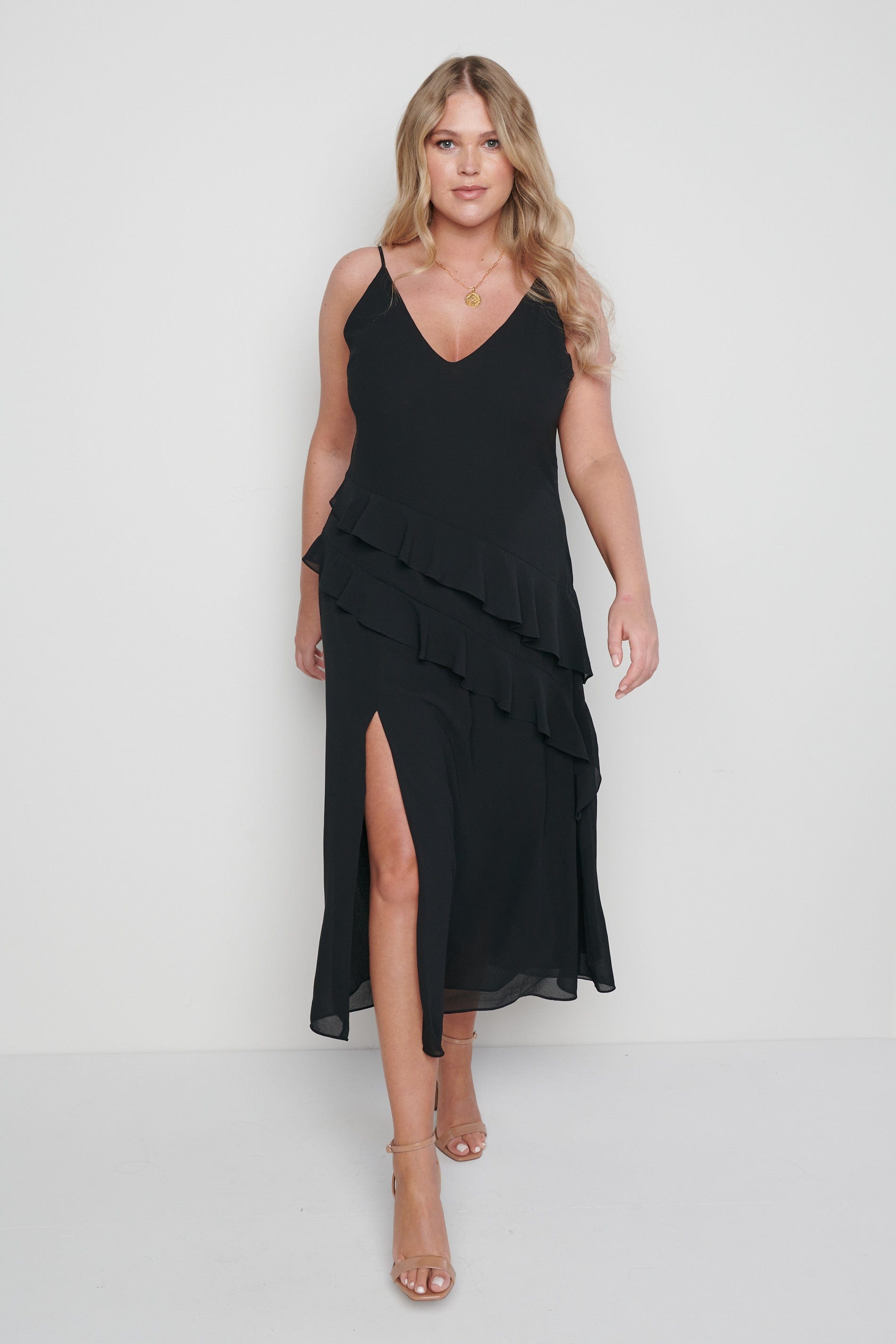 Saskia Midi Ruffle Dress - Black, 8