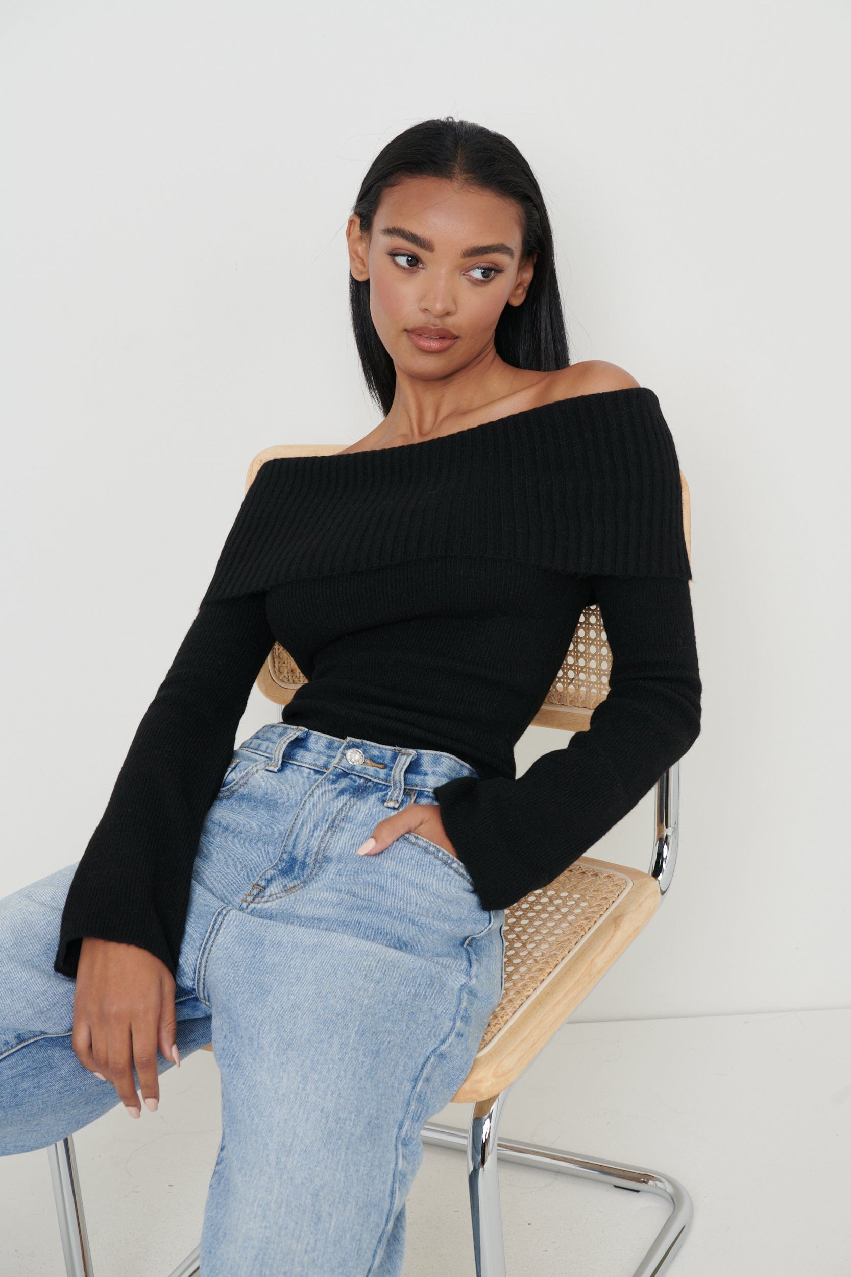 Soreya Bardot Soft Knit Top - Black, XXL