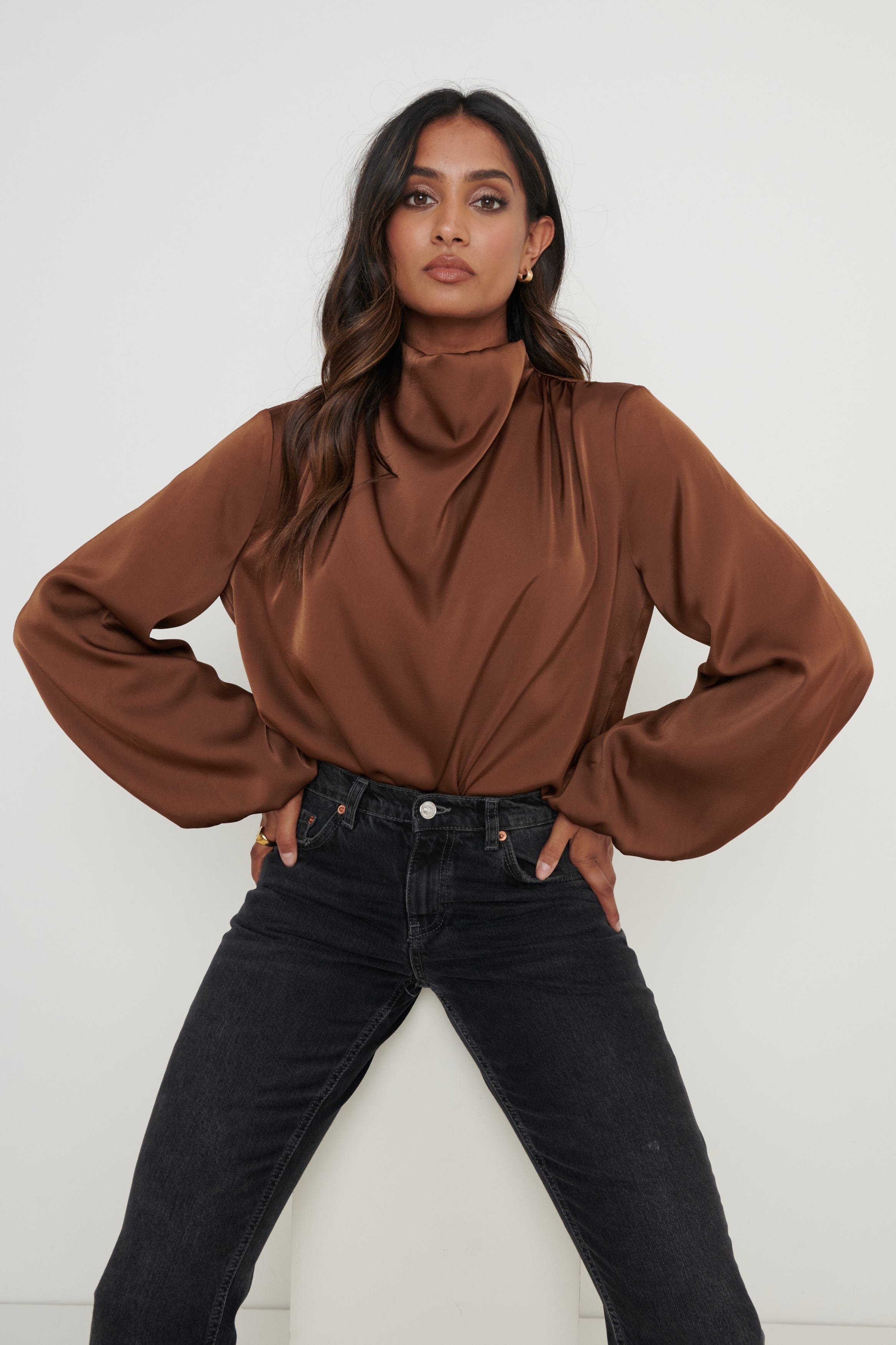 Tate Cowl Neck Pleated Blouse - Brown, 8