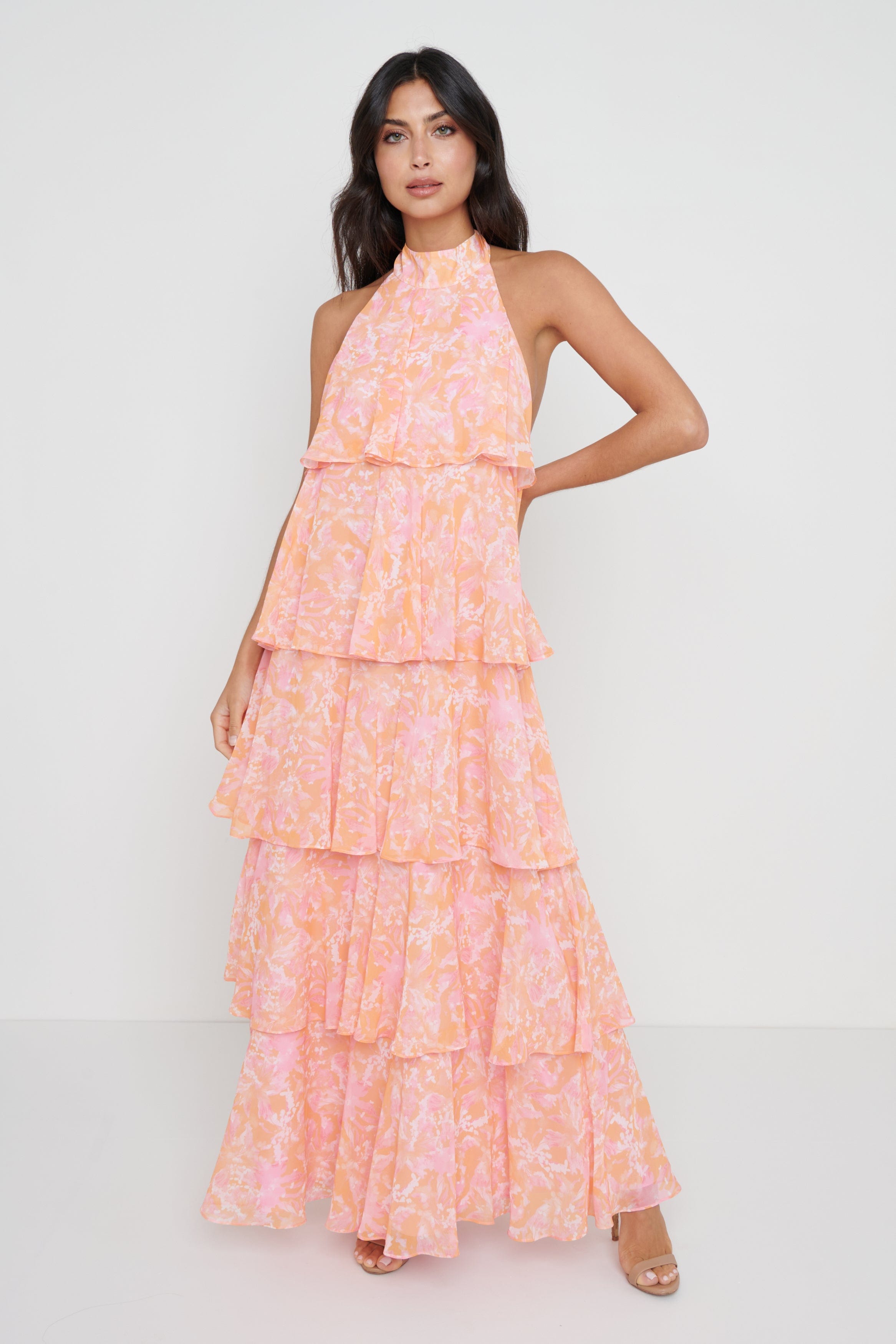 Thea Halter Neck Ruffle Dress - Pink and Orange Floral, 12