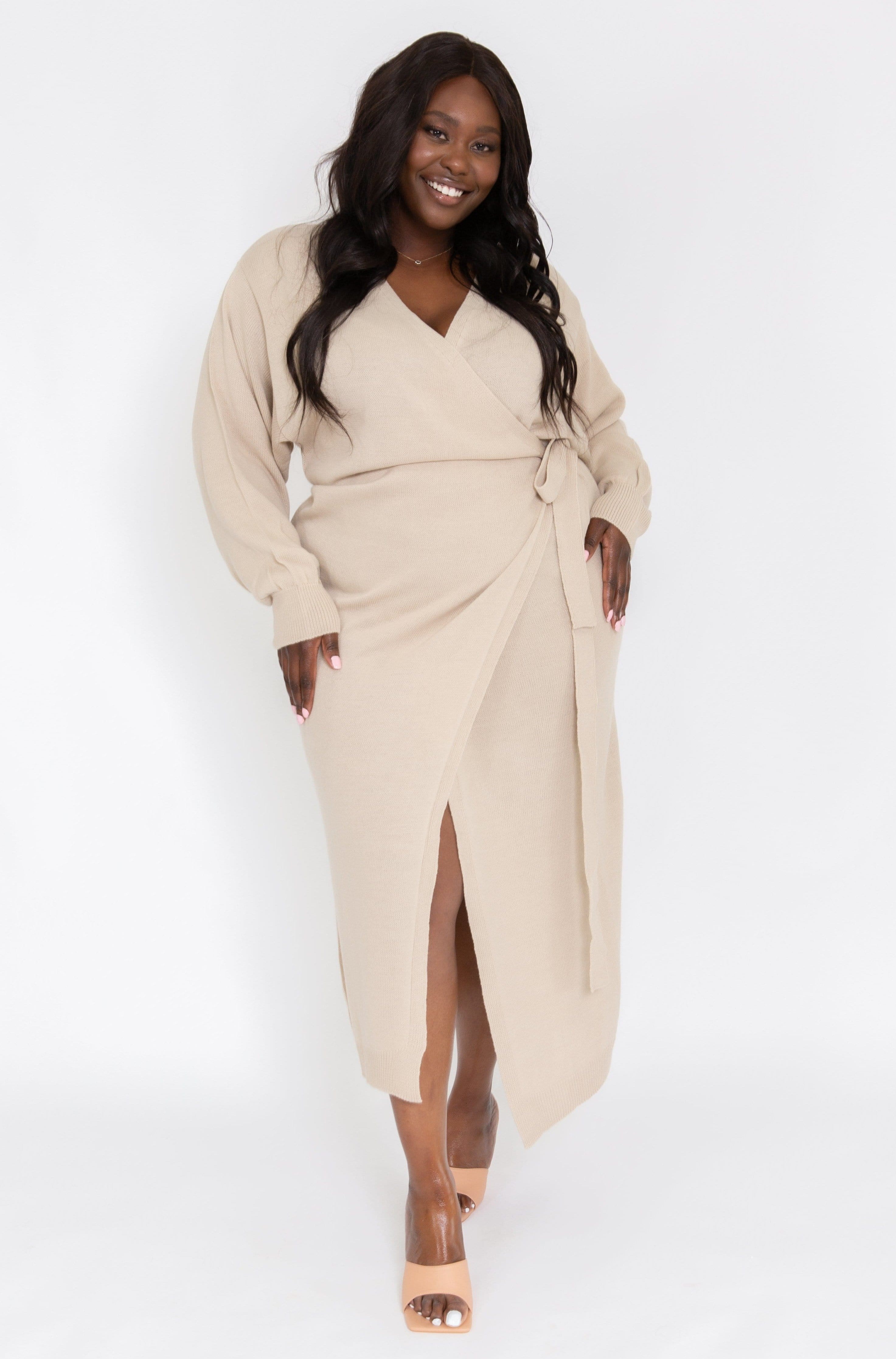 Curve Beau Wrap Midi Dress - Beige, XXL / Beige